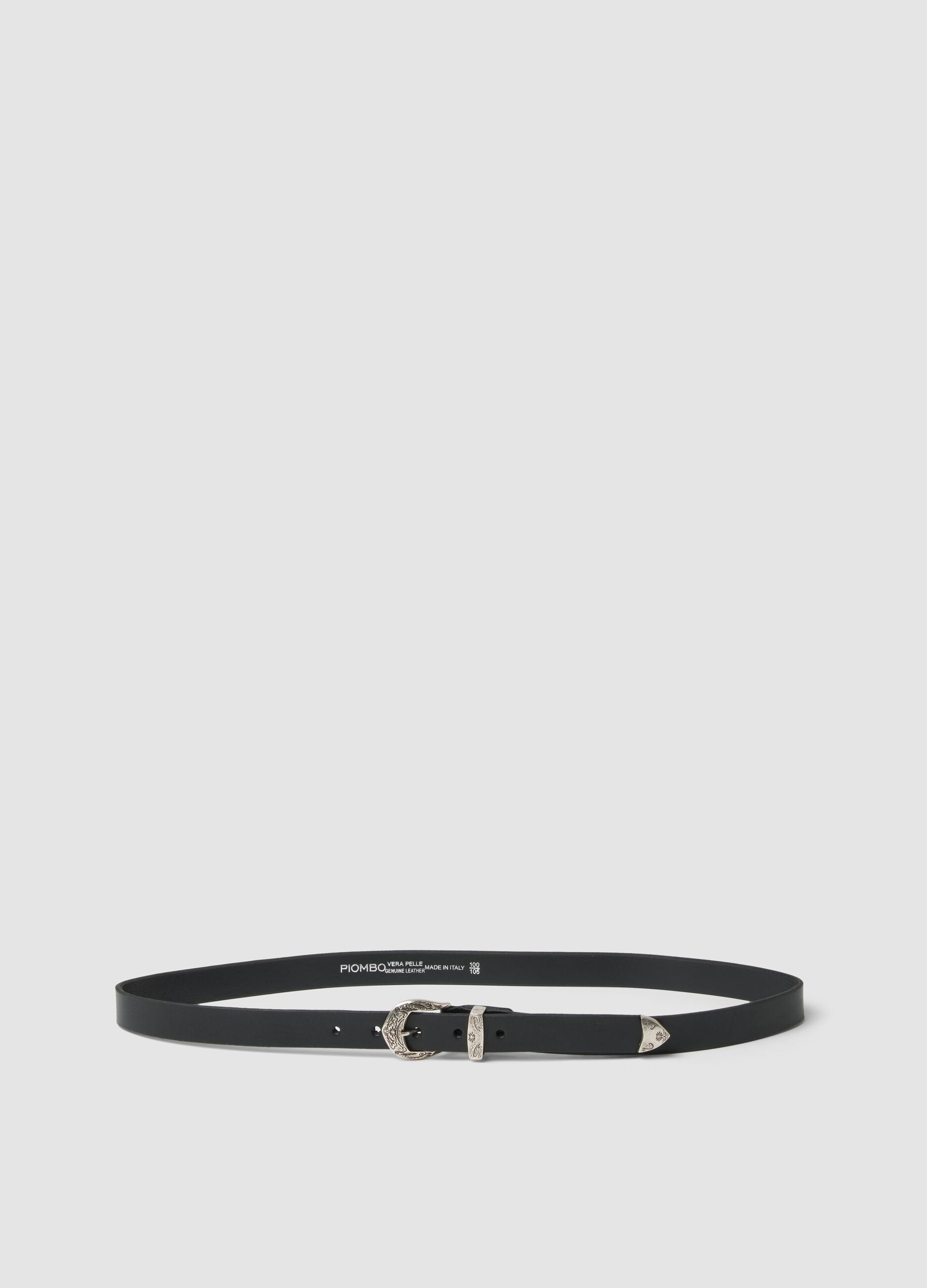 Black genuine leather belt with engraved buckle
