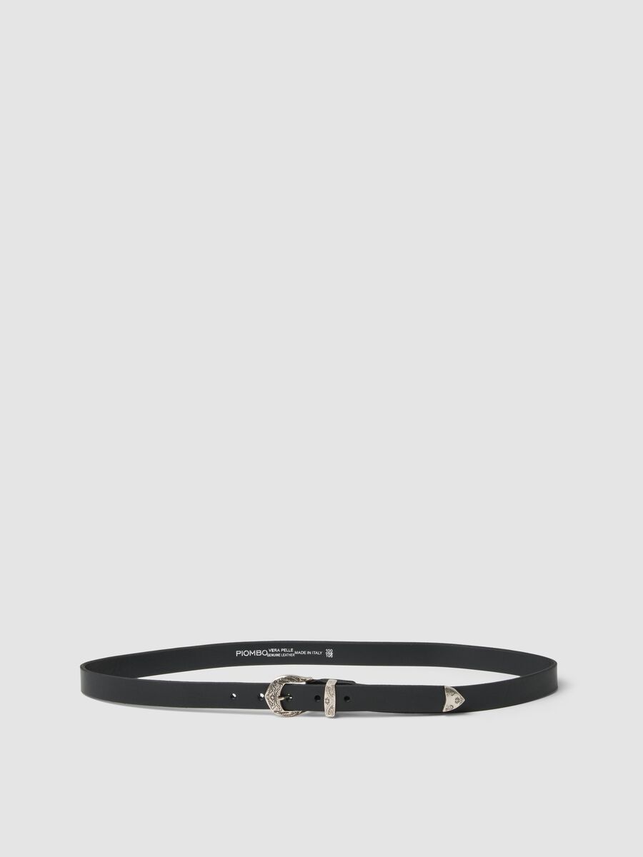 Black genuine leather belt with engraved buckle_0