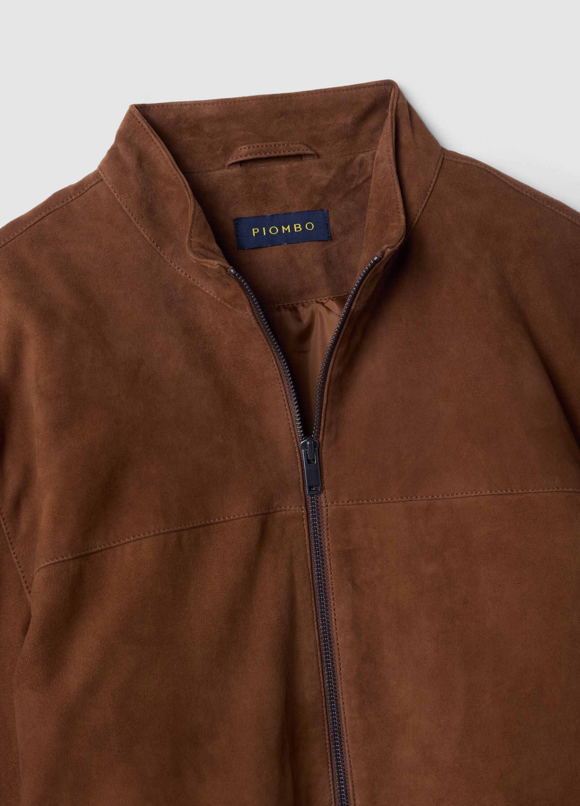 Brown genuine leather jacket with zip, regular fit
