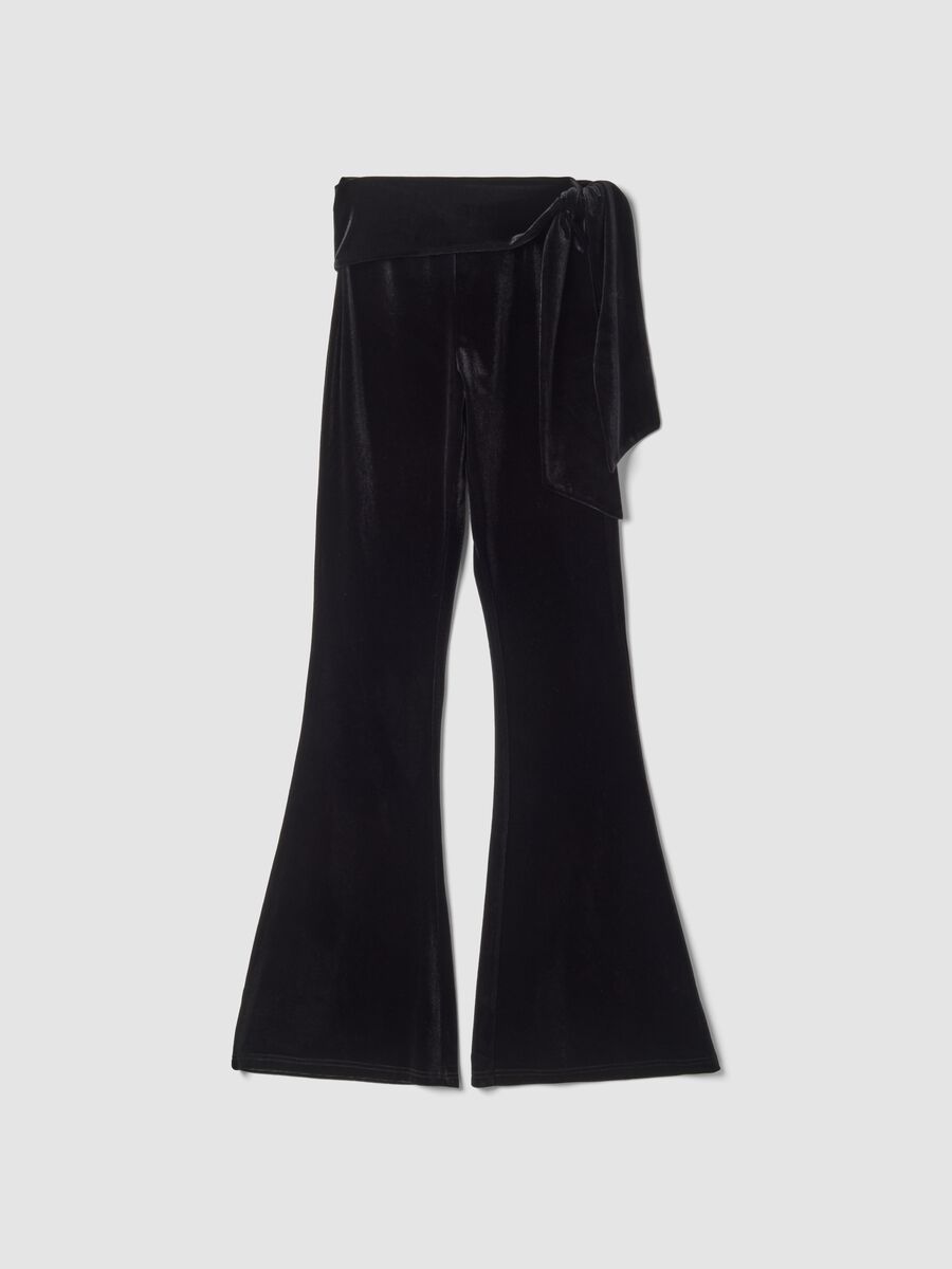 Black velour flare trousers in stretch fabric with side bow detail_0