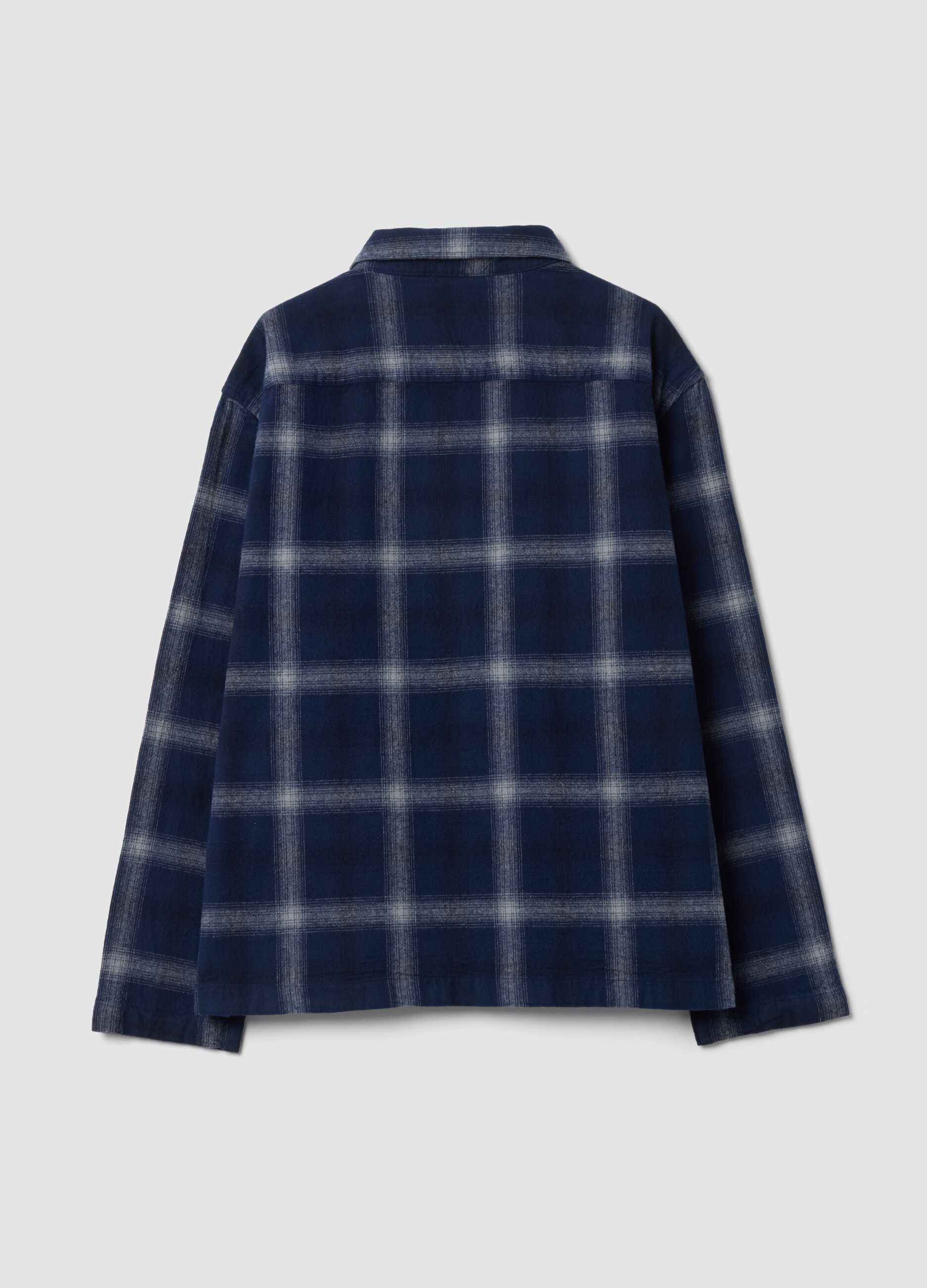 Camicia cropped blu in puro cotone a quadri con zip over fit