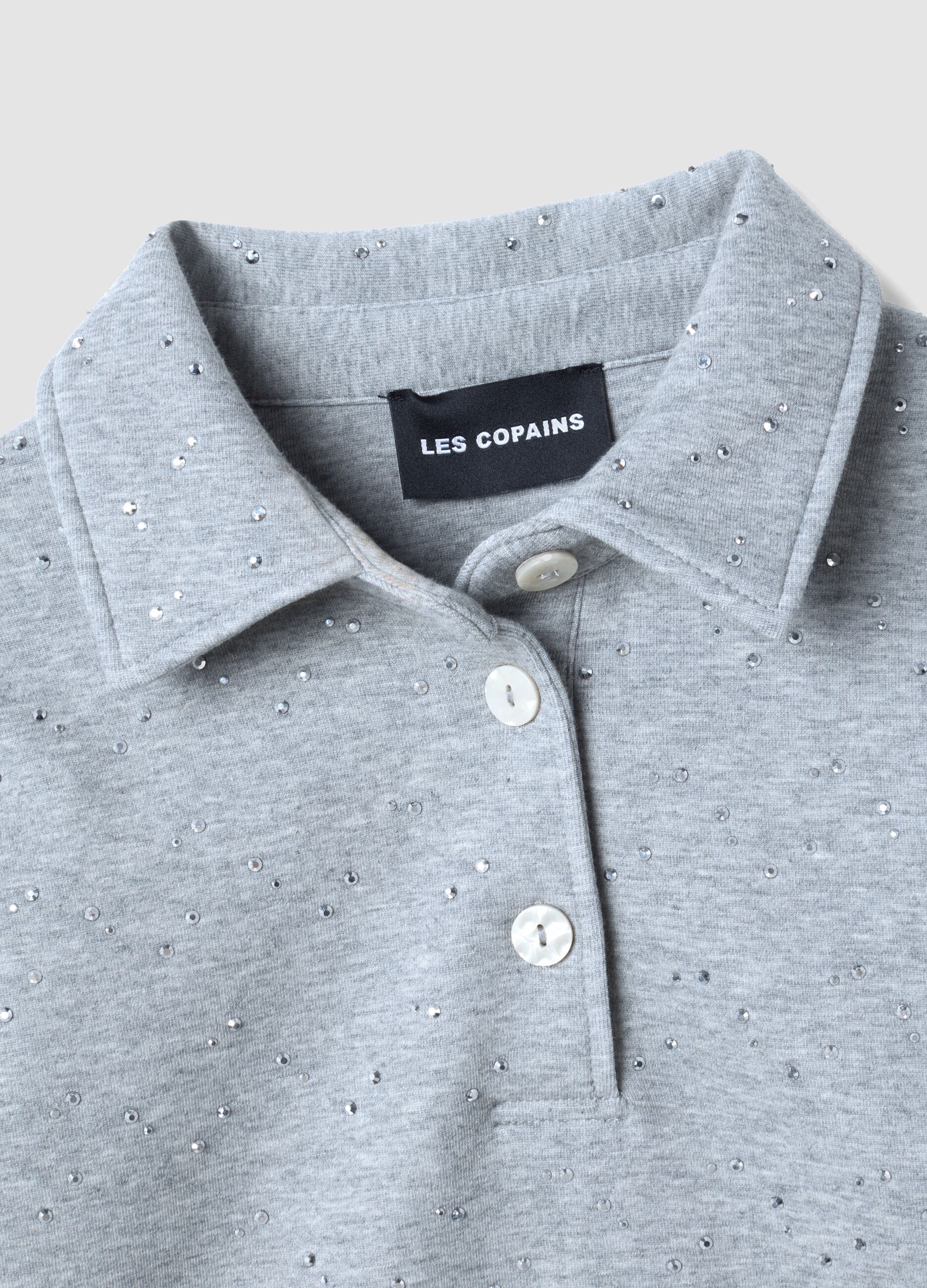 Grey cotton-blend polo with all-over rhinestones, regular fit