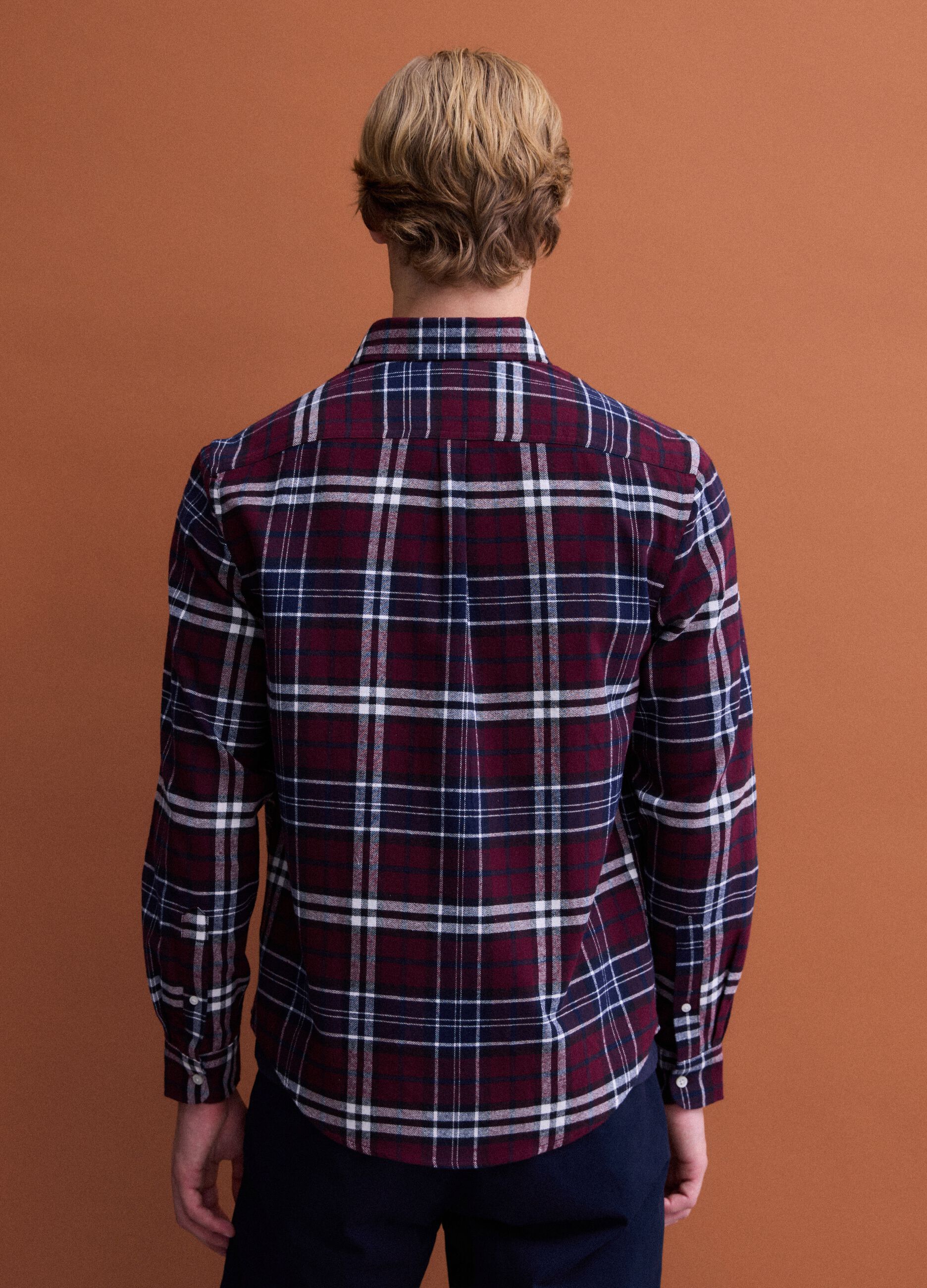 Red and blue checked pure cotton flannel shirt, regular fit
