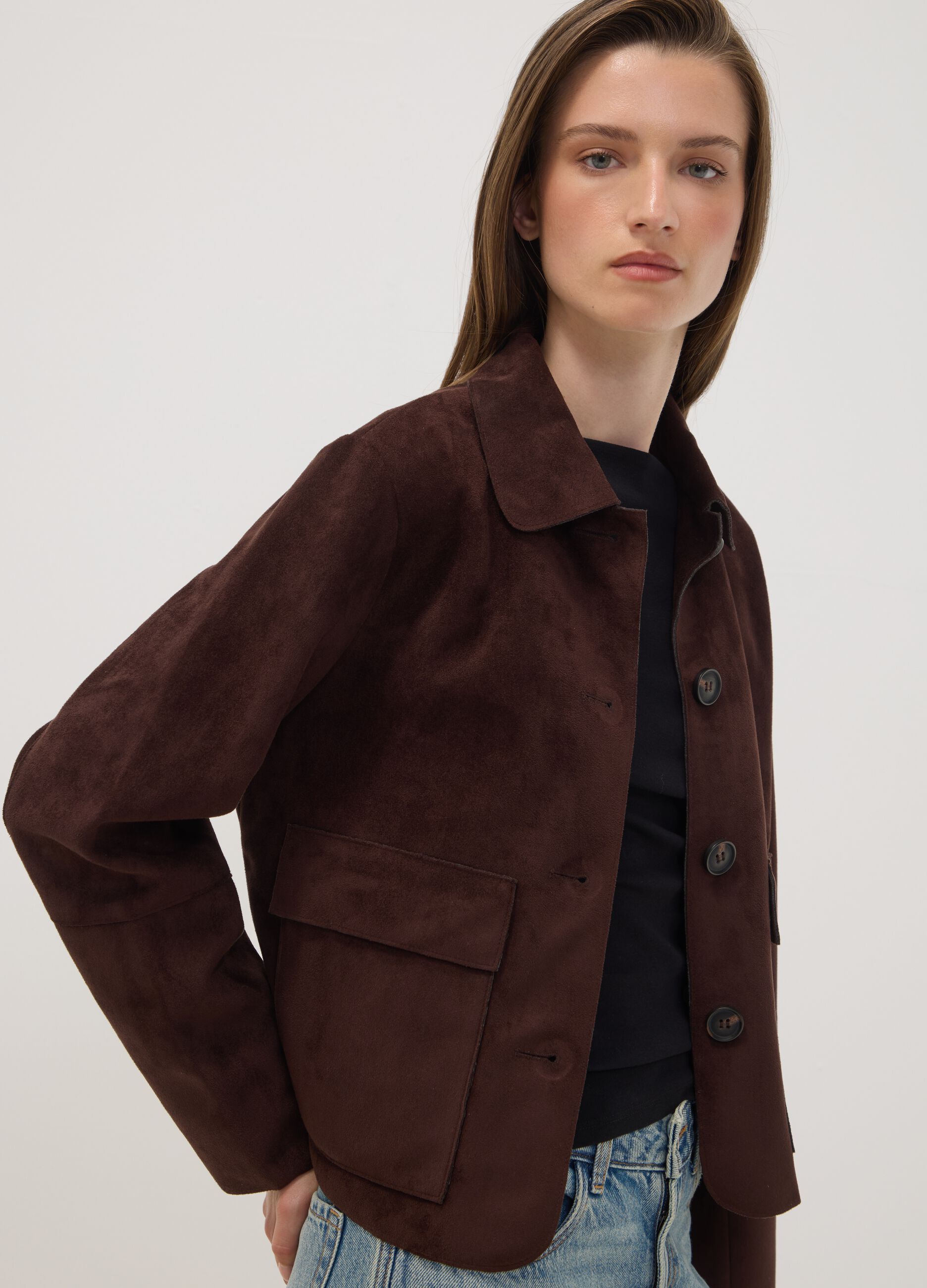 Brown regular-fit shacket with patch pockets