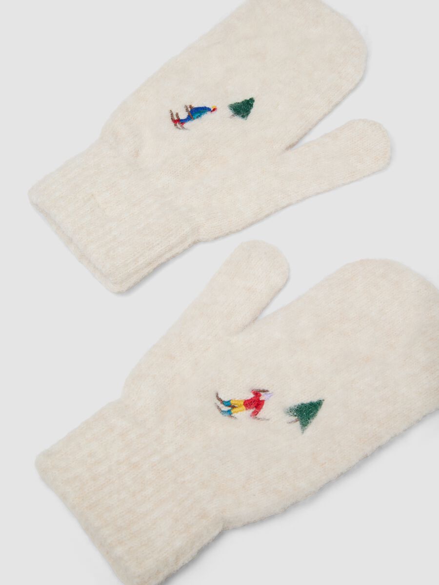 Beige stretch wool-blend gloves with ski embroidery_1