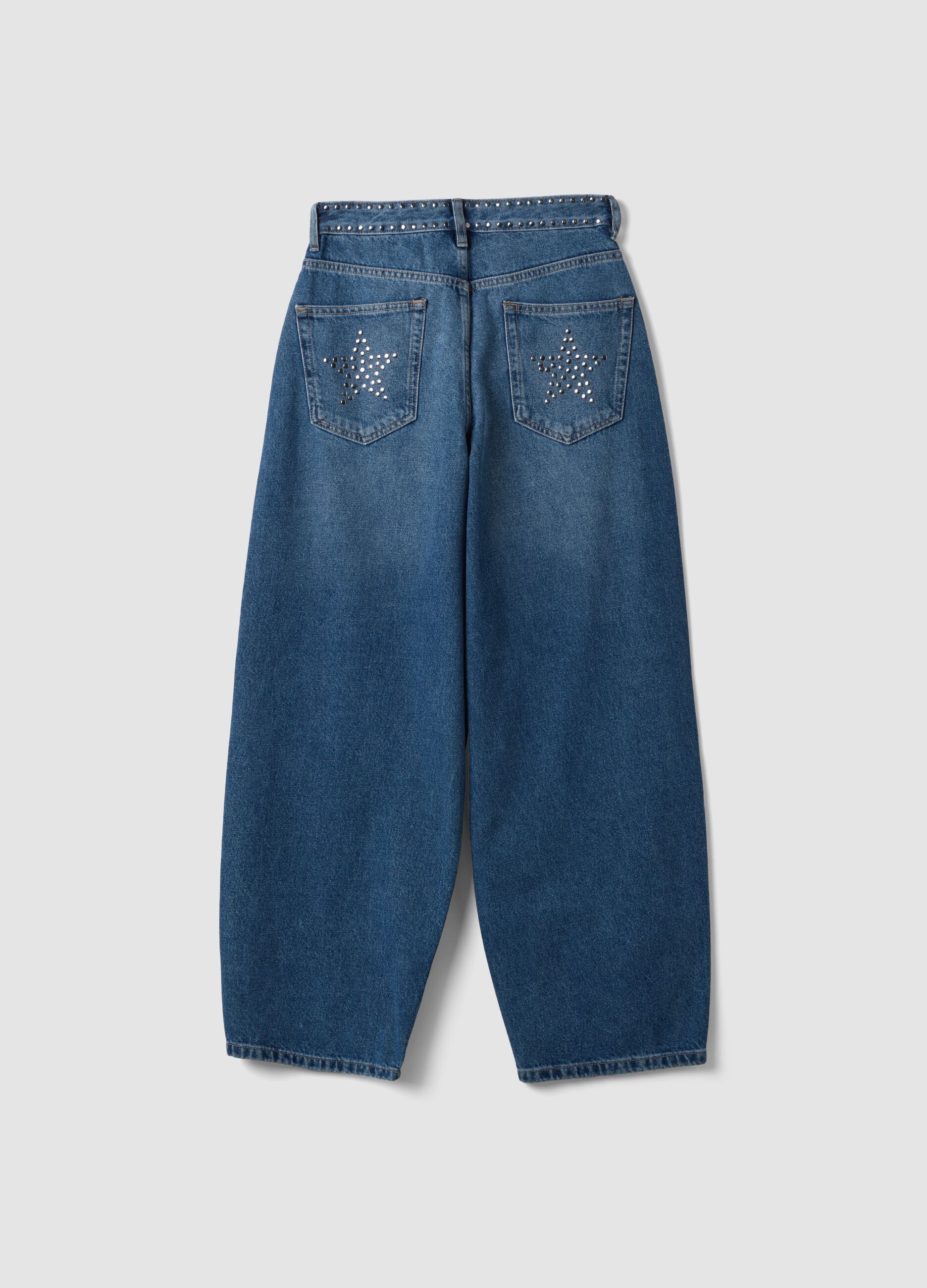 Blue pure-cotton skater-fit jeans with rhinestones