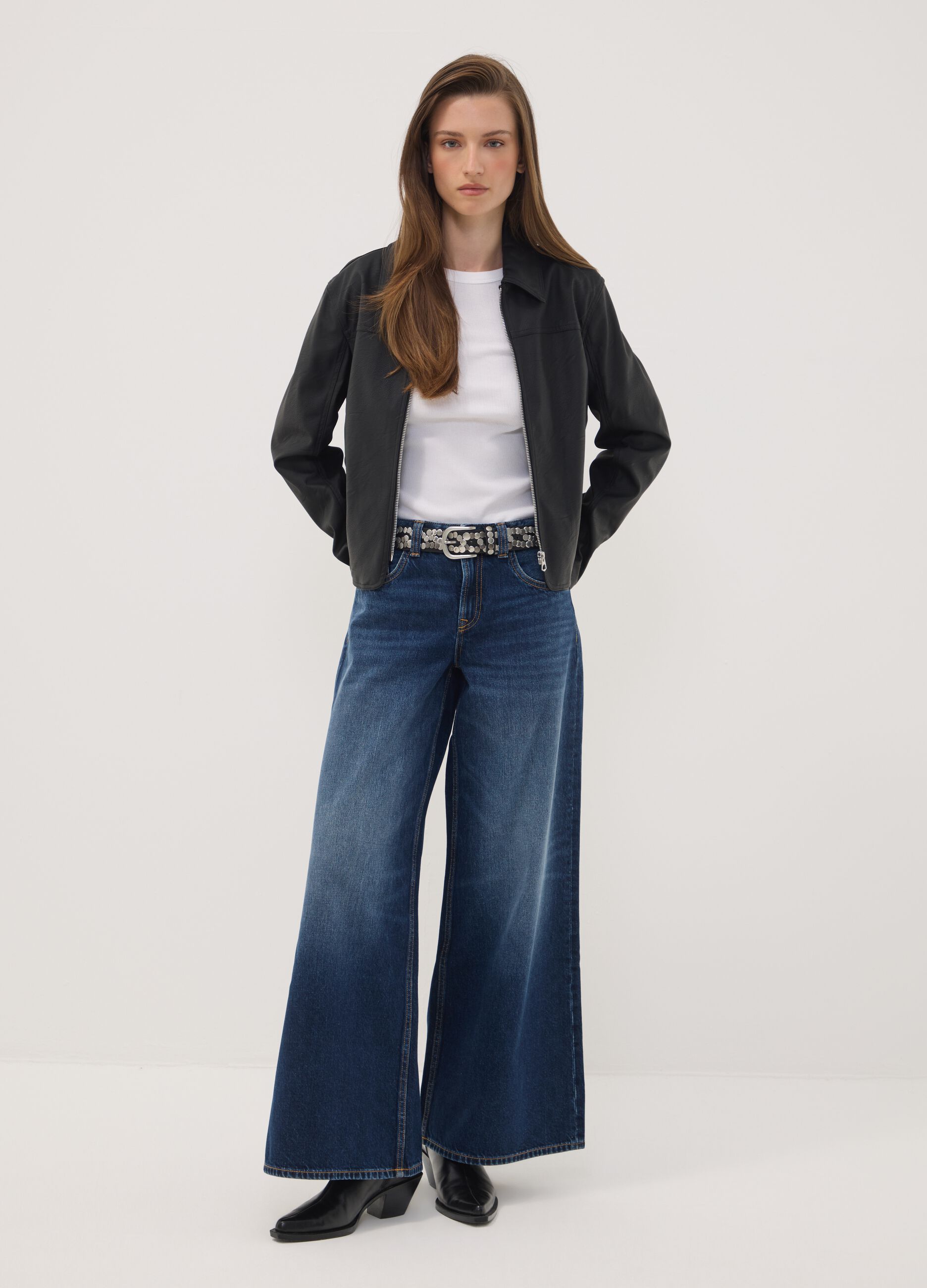 Black zip-up jacket with slim-fit collar