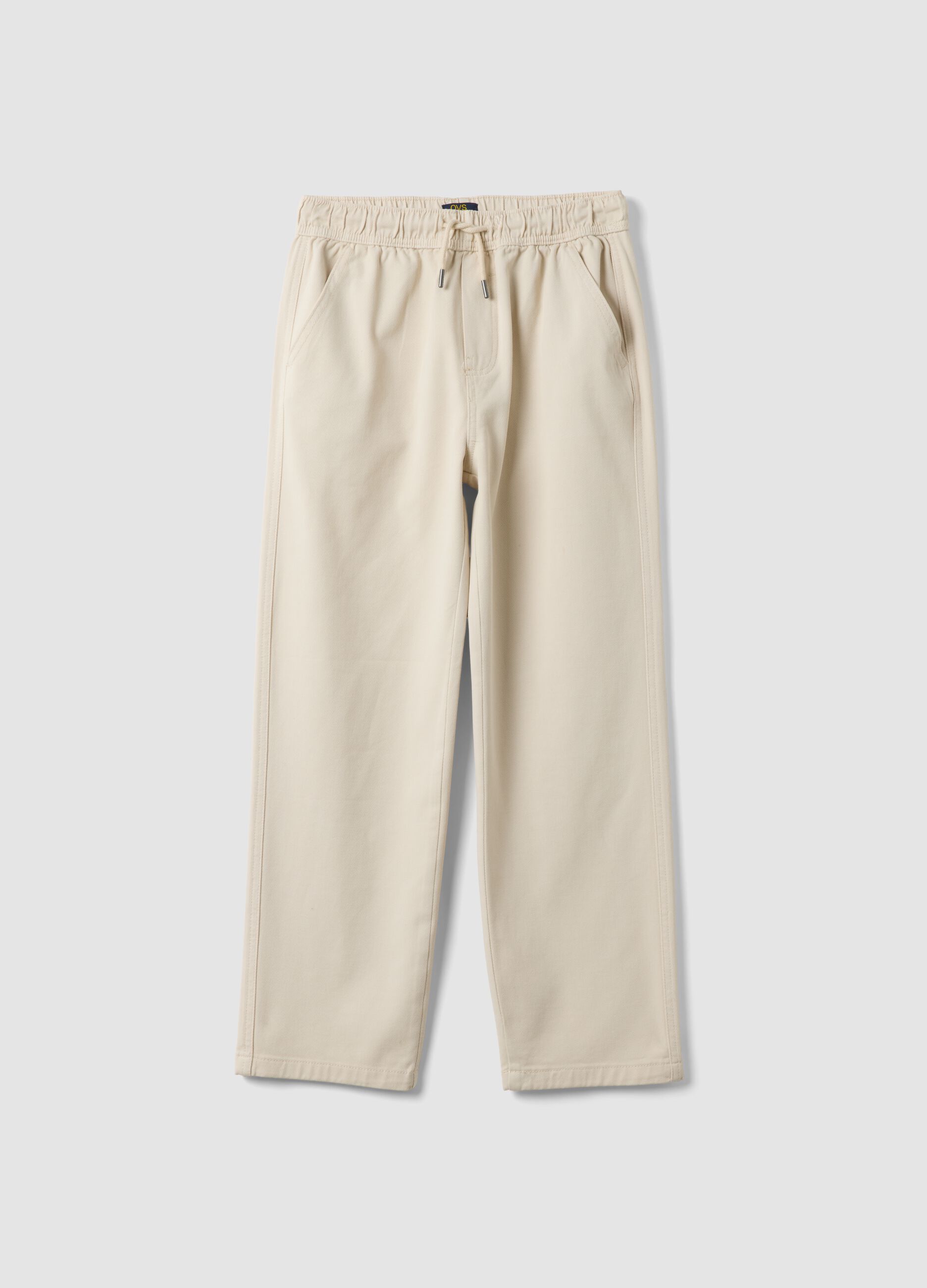 Beige stretch cotton trousers with elasticated waist, comfort fit