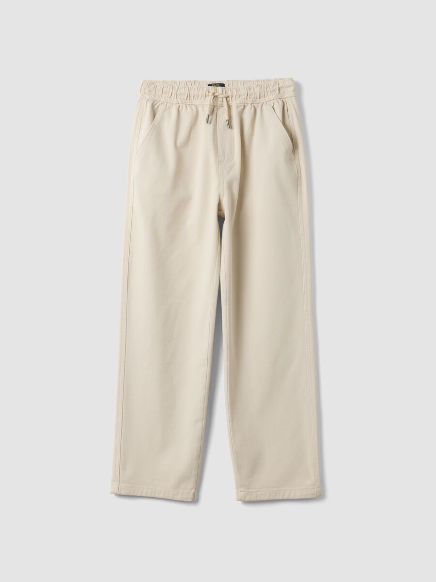 Beige stretch cotton trousers with elasticated waist, comfort fit_0