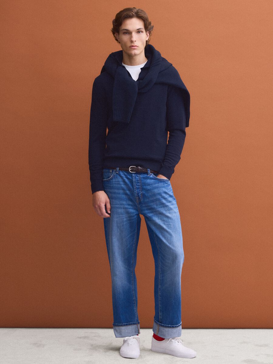 Blue long-sleeve pure cotton polo shirt_1