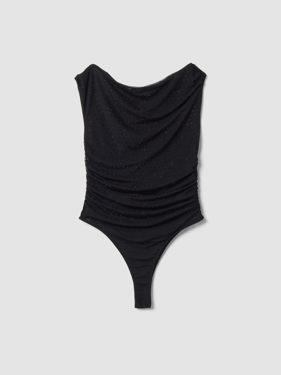 Black fitted stretch bodysuit with rhinestones_0