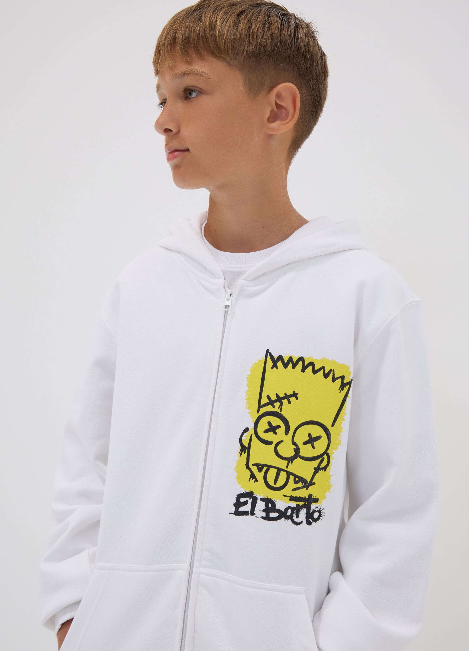 White pure-cotton hooded sweatshirt with Simpsons print for boys