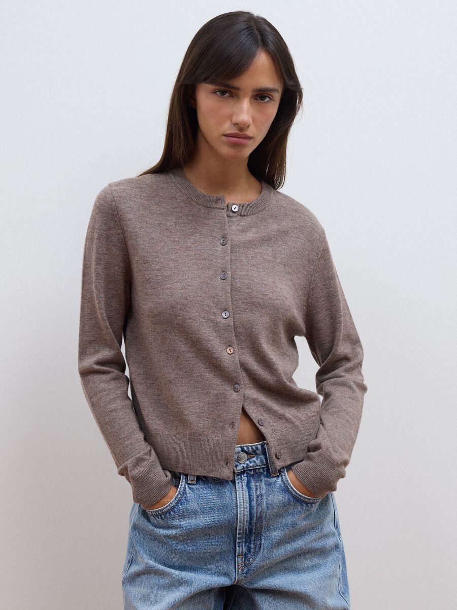 Grey pure wool crew-neck cardigan with buttons, regular fit_1