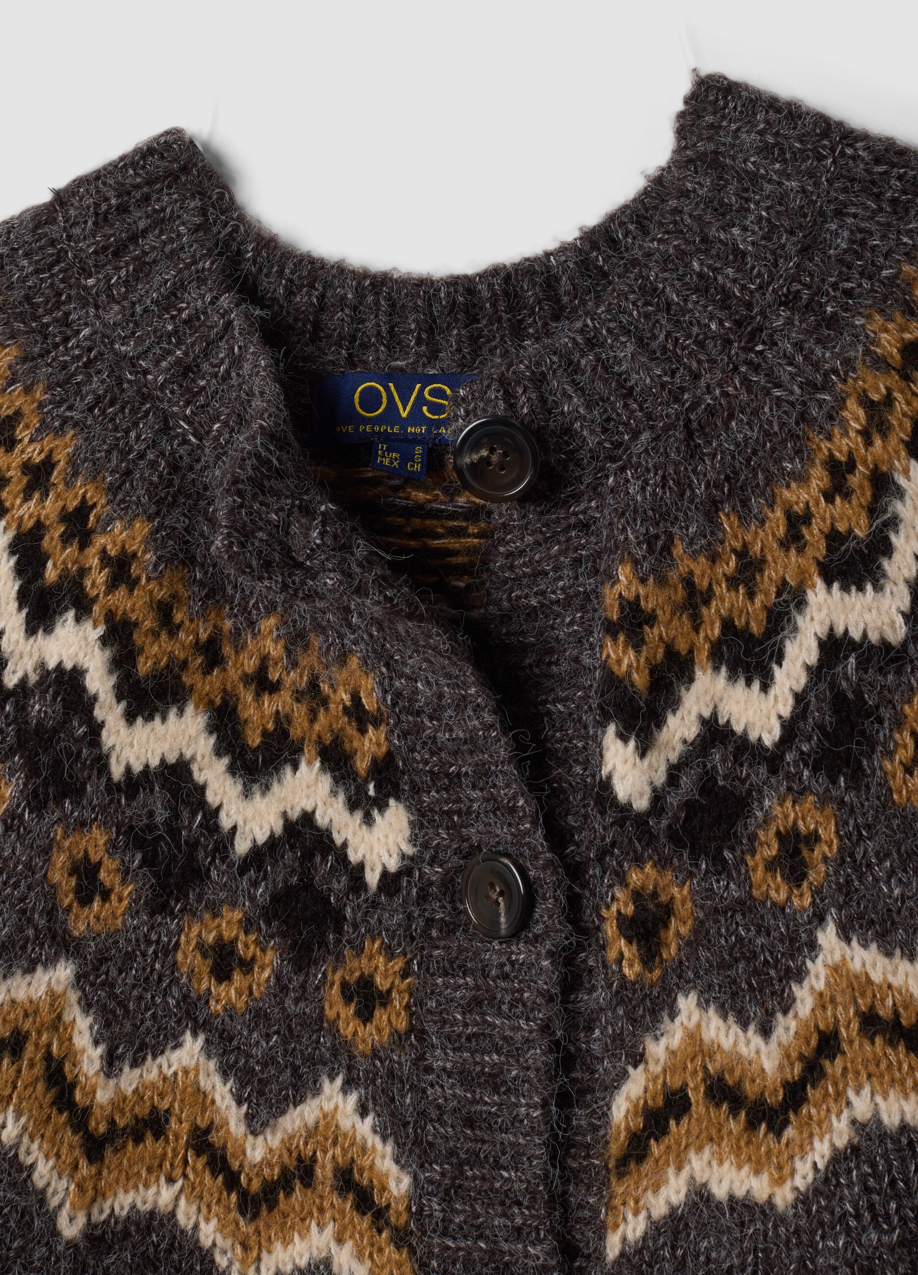 Cardigan grigio girocollo con fantasia jacquard