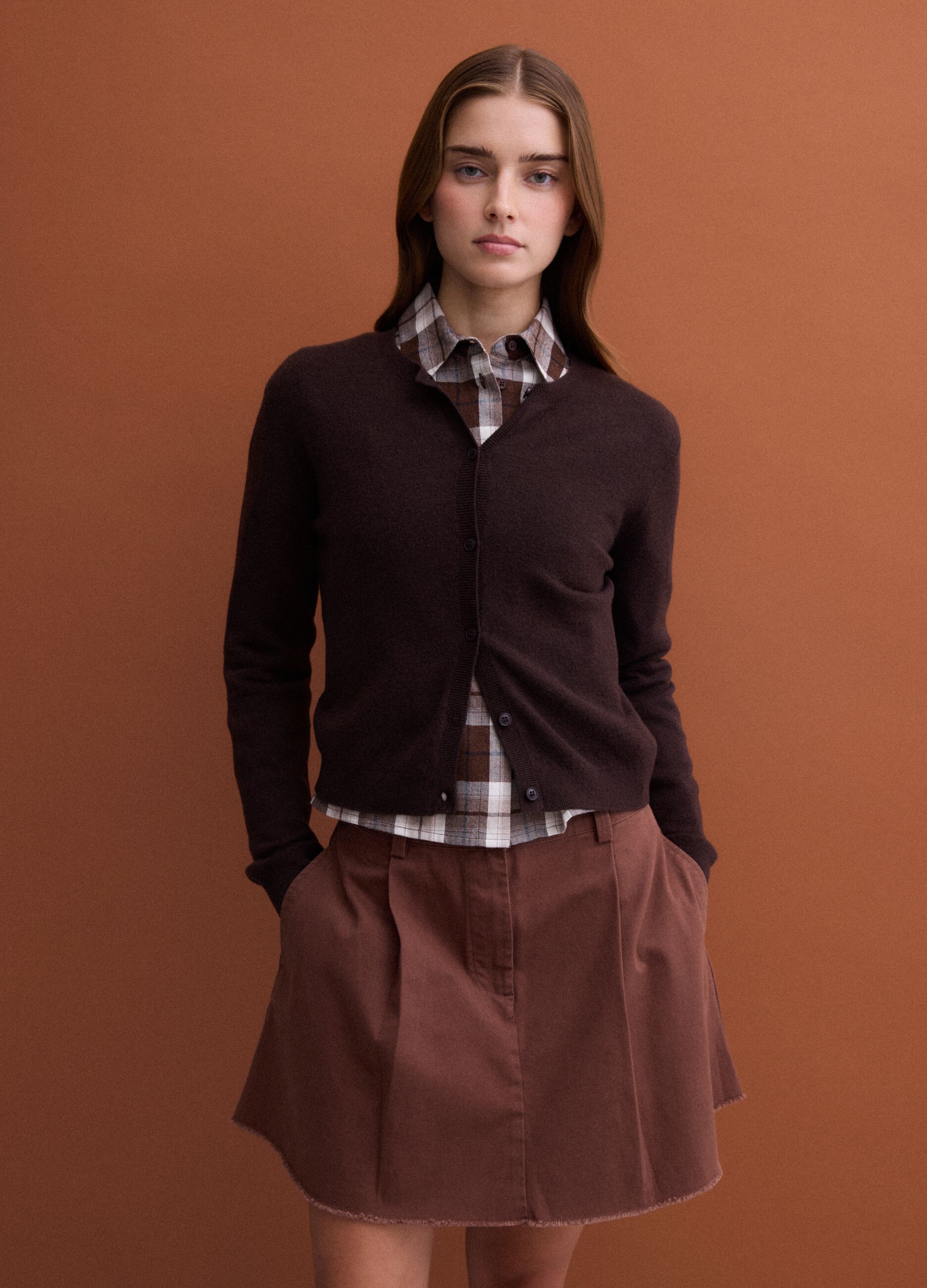 Brown pure wool crew-neck cardigan
