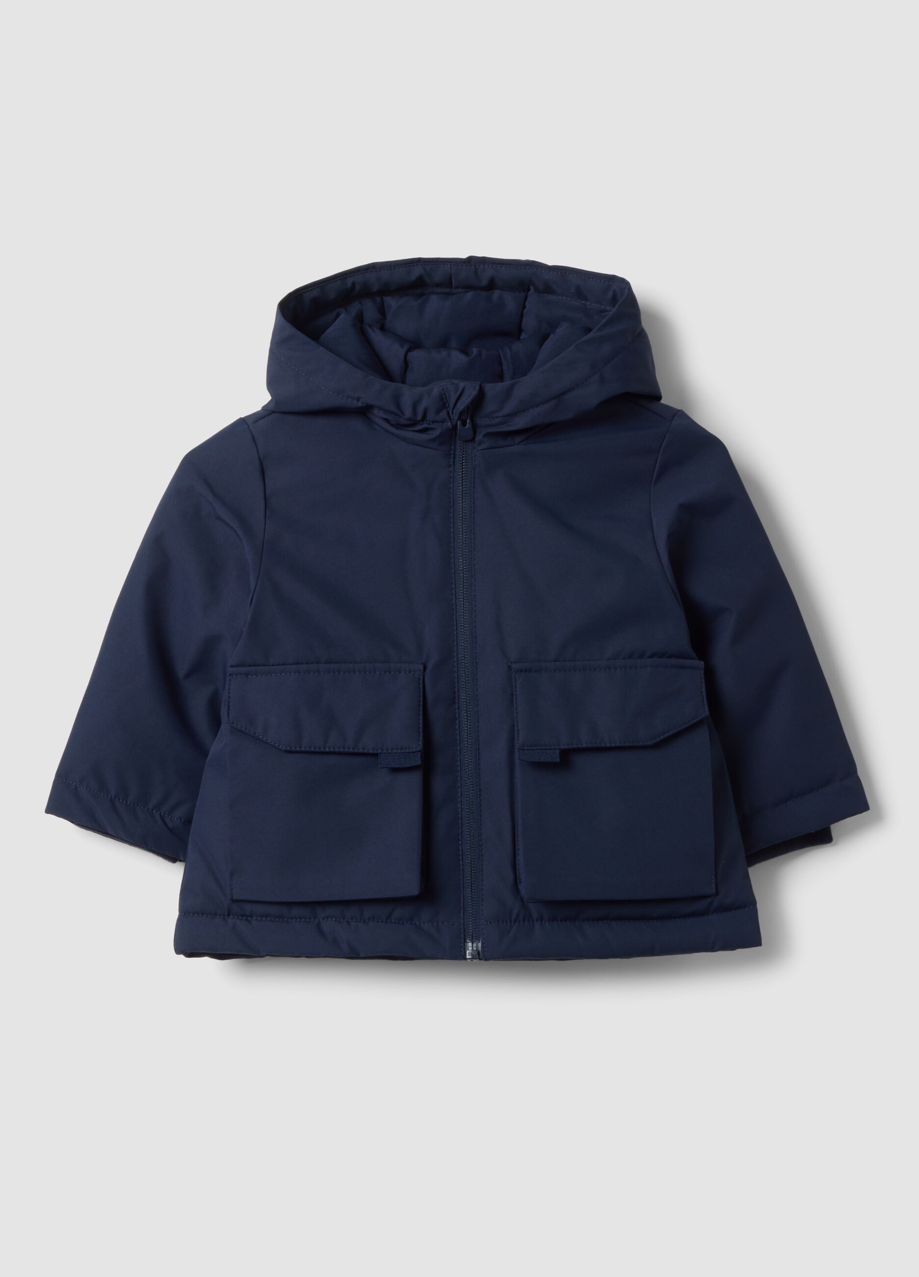Giacca blu imbottita con cappuccio e zip per bimbo
