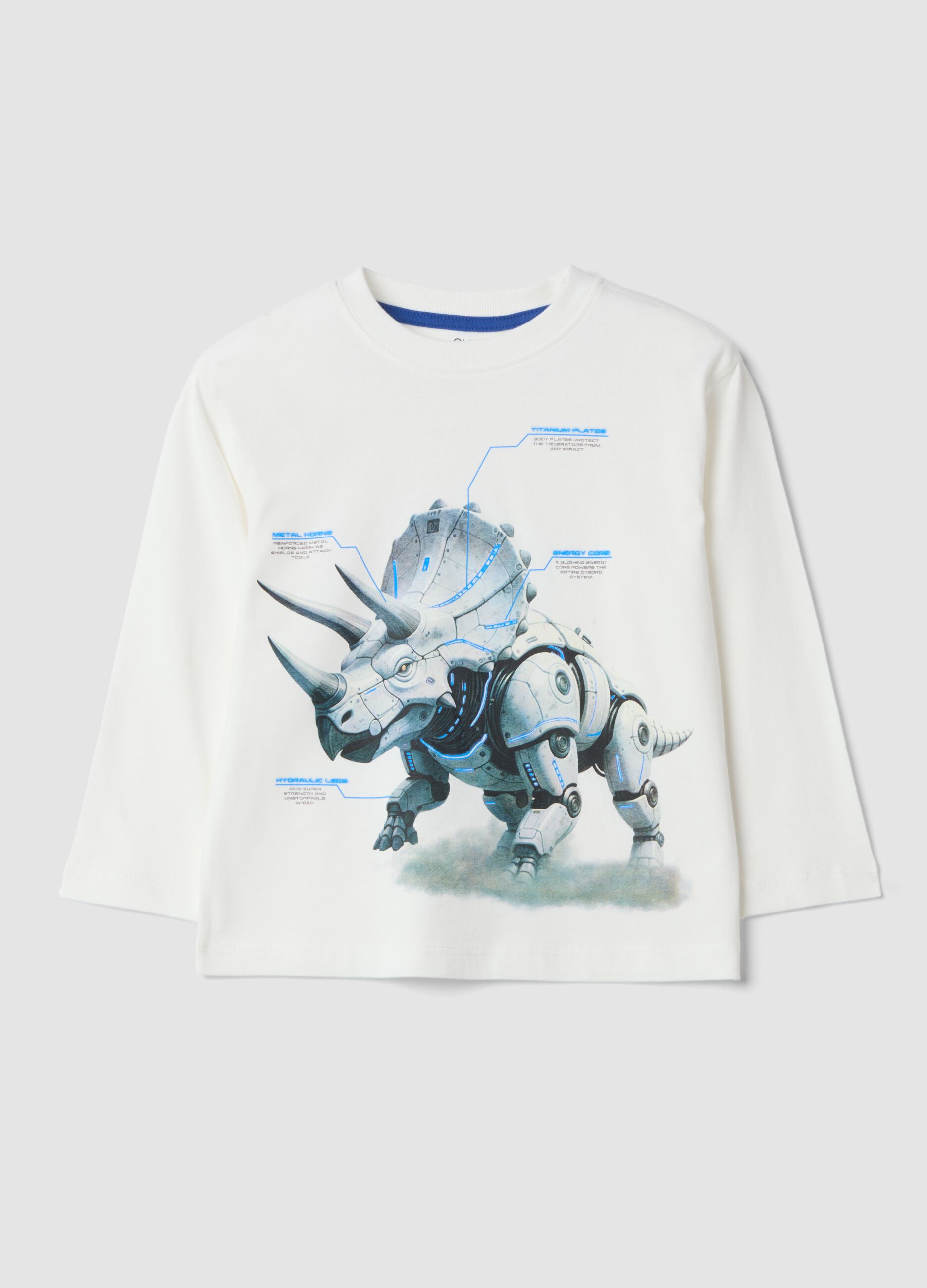 T-shirt bianca girocollo in puro cotone organico con stampa dinosauro
