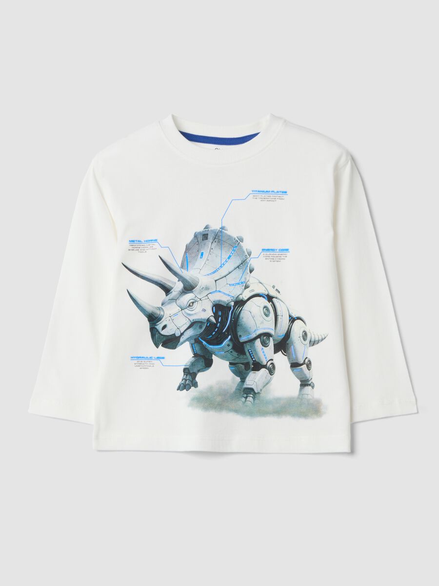 White crew-neck T-shirt in pure organic cotton with dinosaur print_0