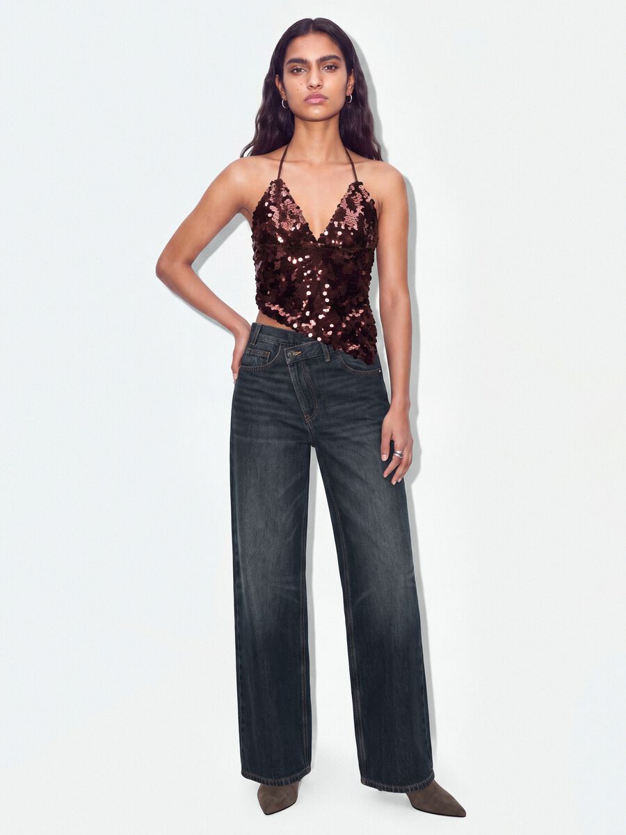 Brown sequin stretch-fabric top_3