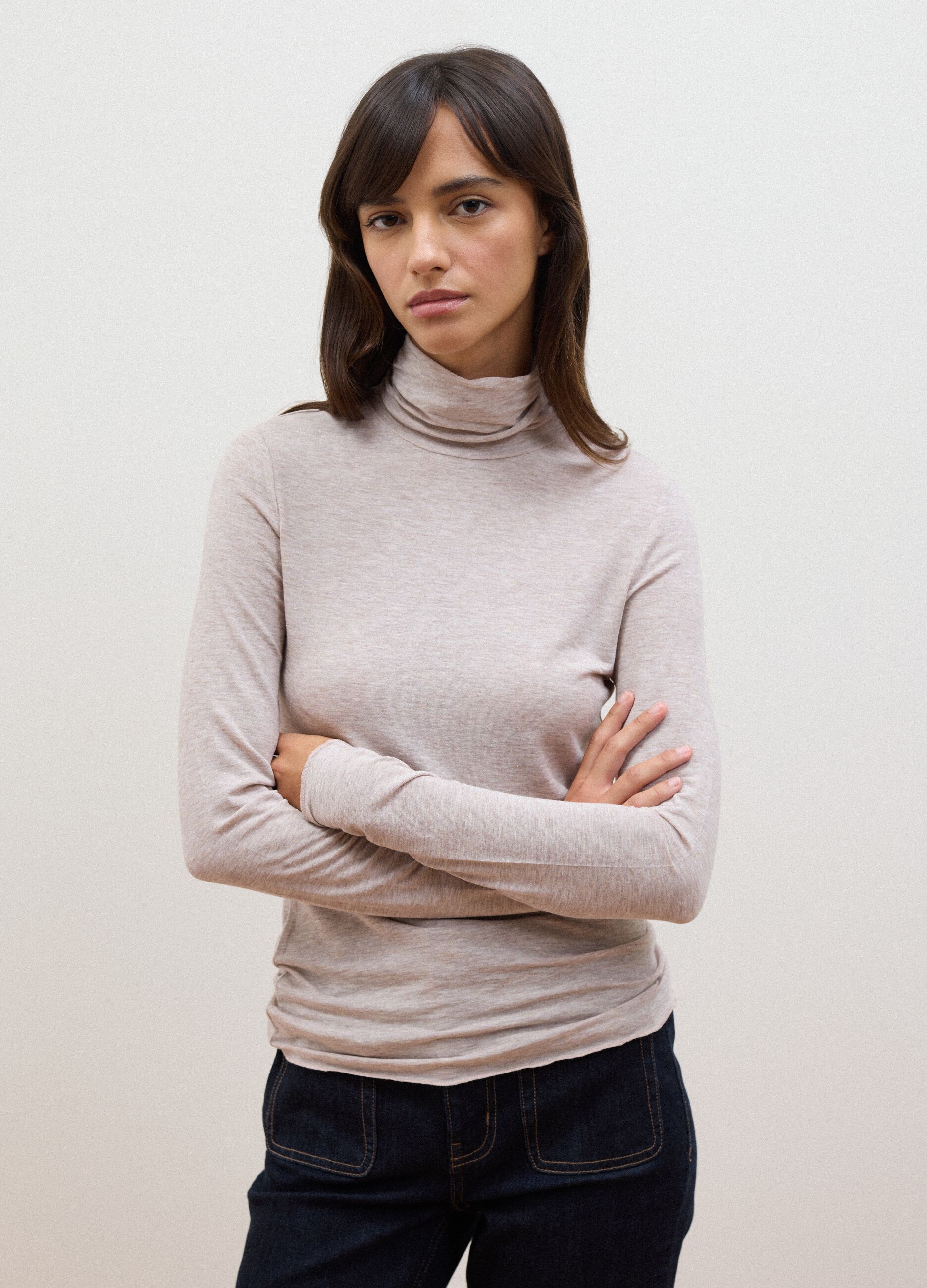 Beige modal and stretch wool T-shirt with raised collar, regular fit