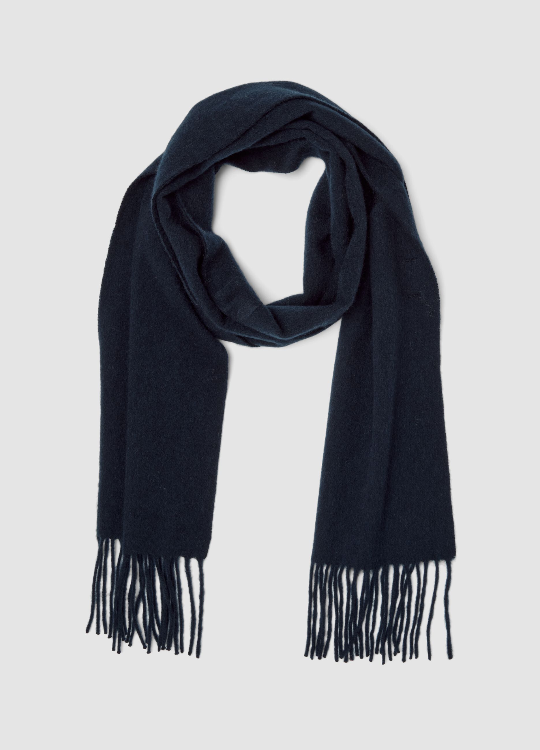 Sciarpa blu in puro cashmere con frange