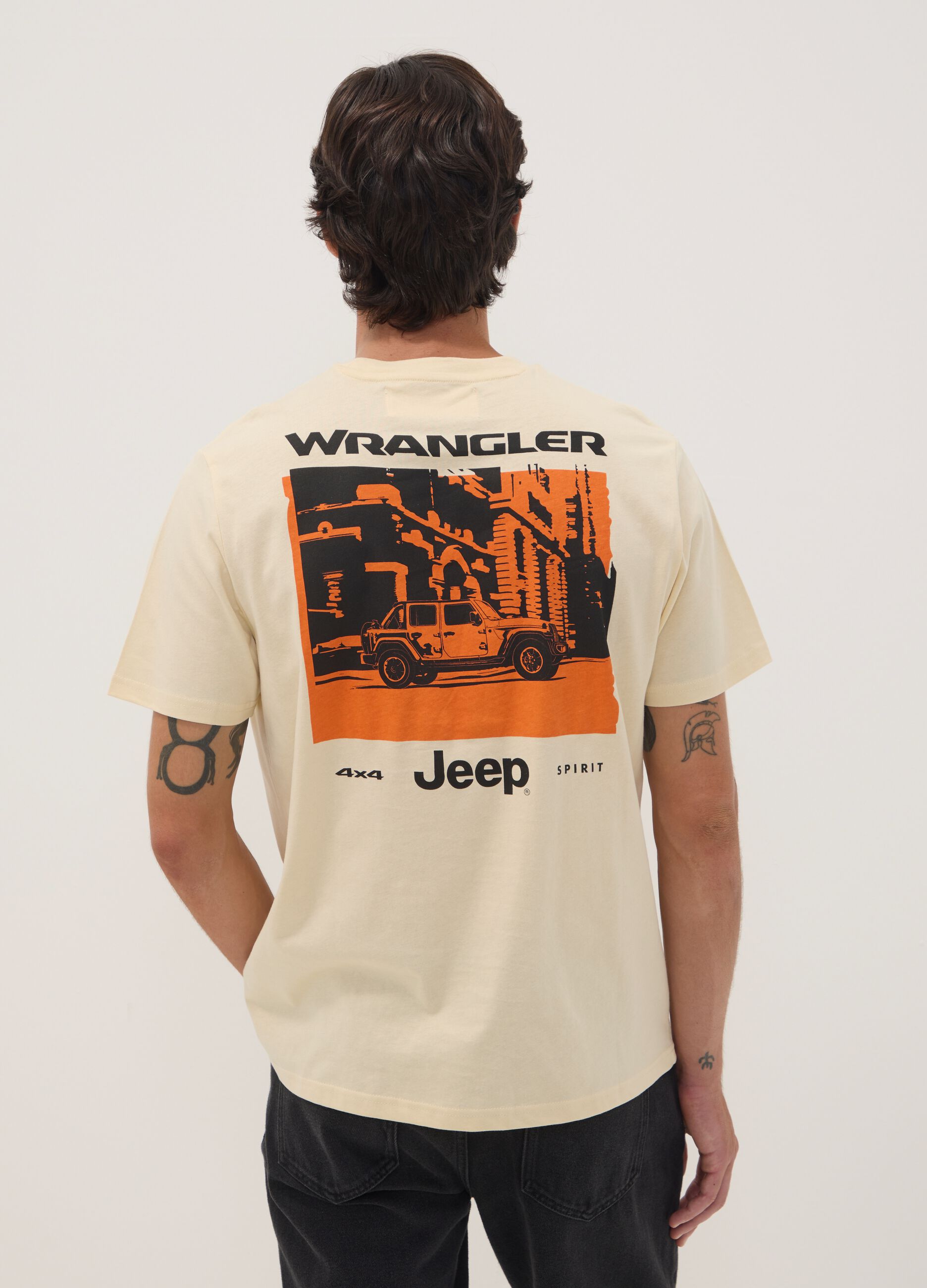 Beige pure cotton crew-neck T-shirt with Jeep print