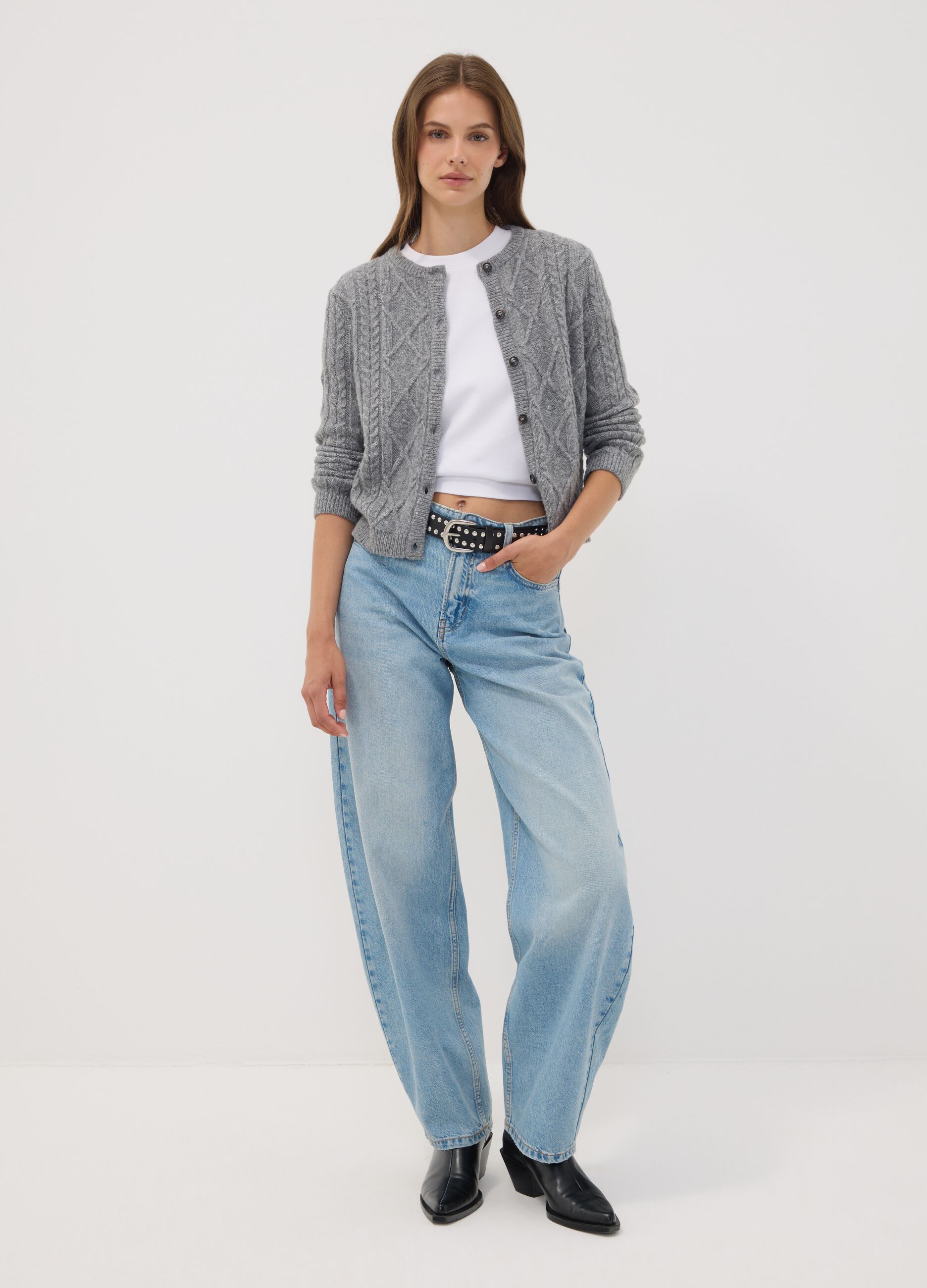 Grey cable-knit wool-blend cardigan