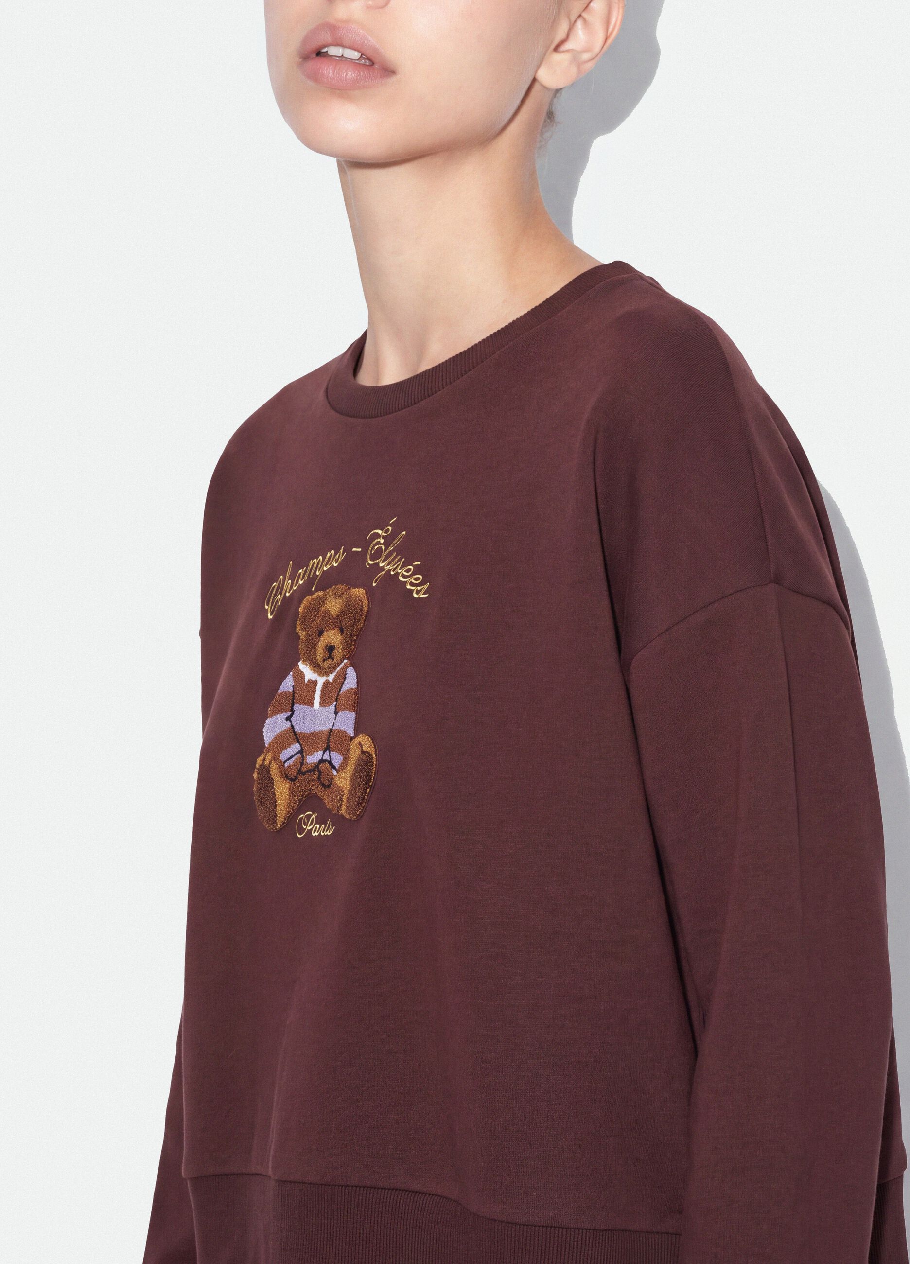 Felpa marrone in misto cotone con girocollo e stampa teddy