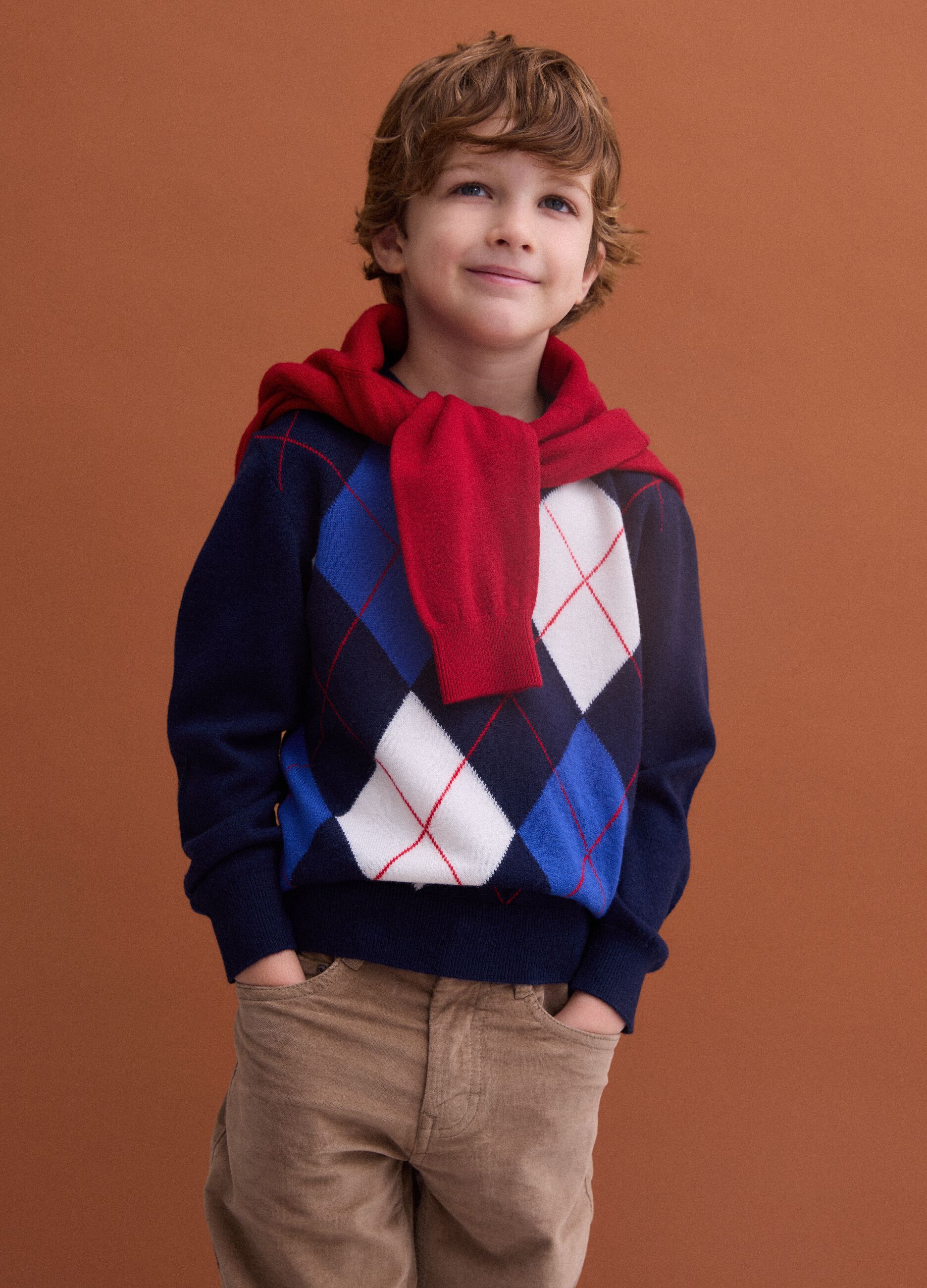 Blue pure wool jumper with jacquard crew neck