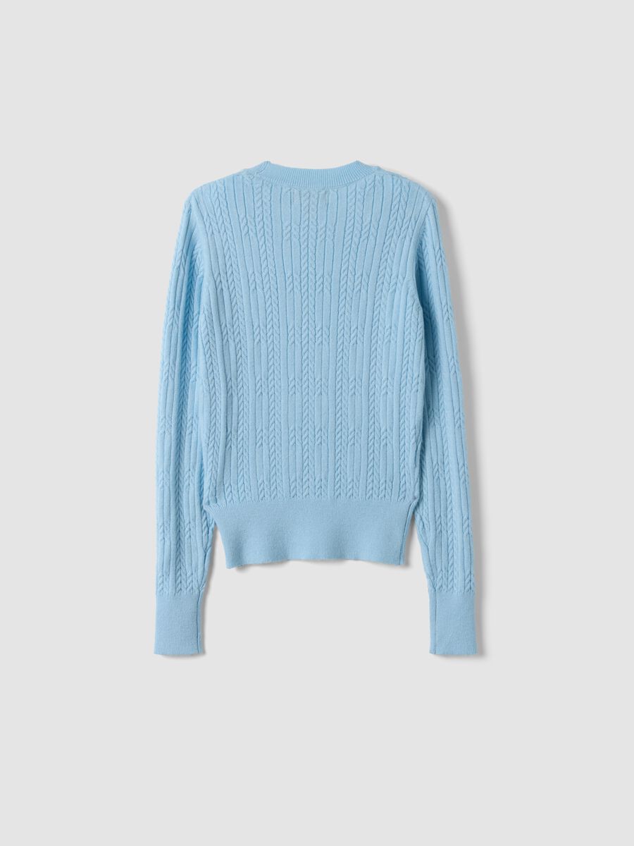 سترة زرقاء فاتحة بقصّة ضيّقة من مزيج الفيسكوز بنقشة الضفائر وياقة دائرية للبنات_5