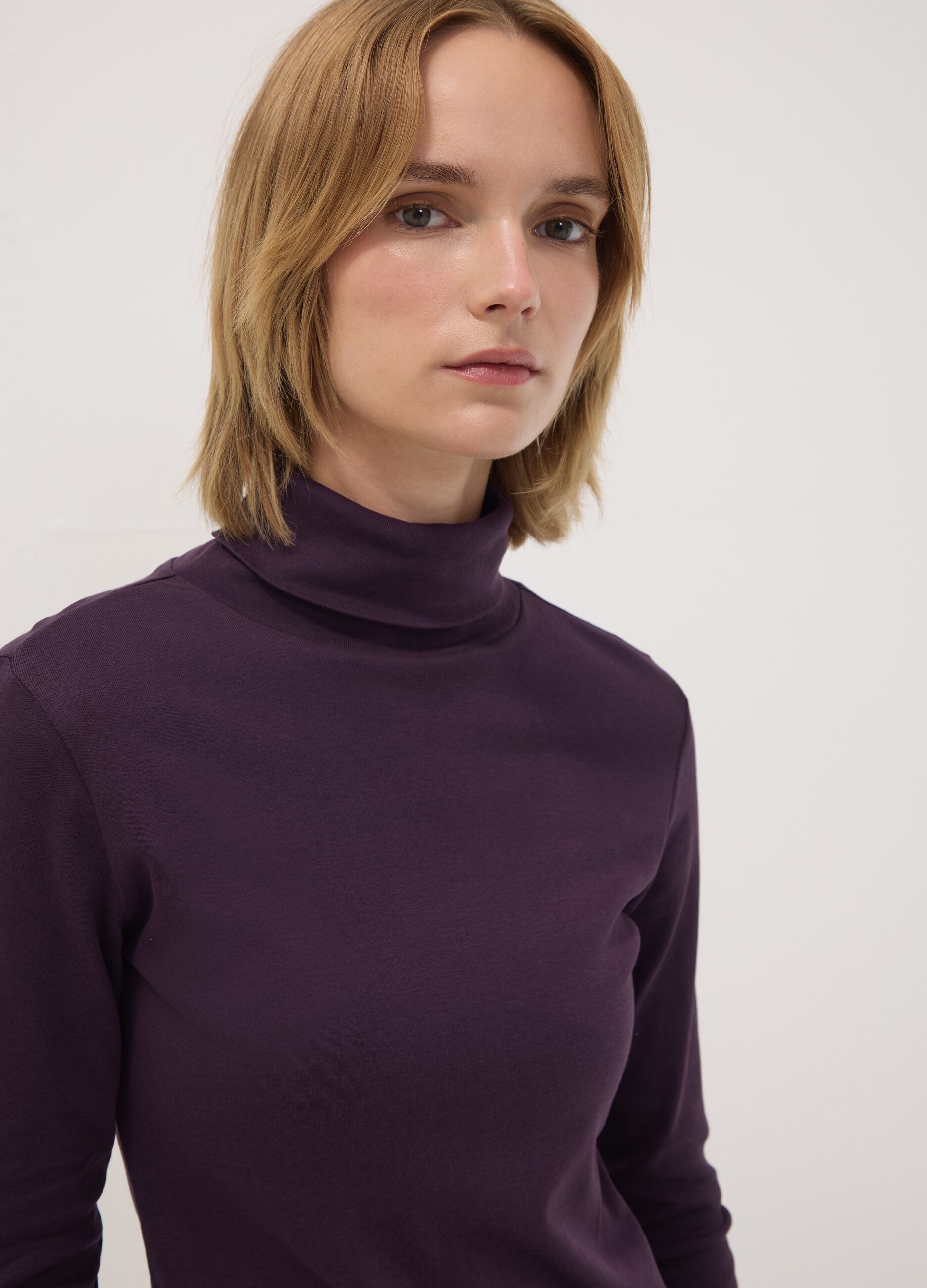 Purple pure cotton long-sleeve crew-neck top