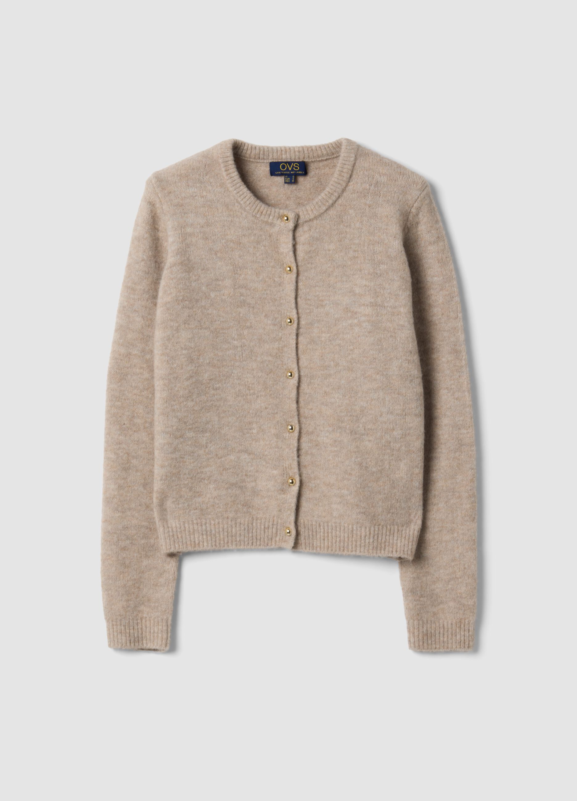 Beige stretch wool crew-neck cardigan, regular fit