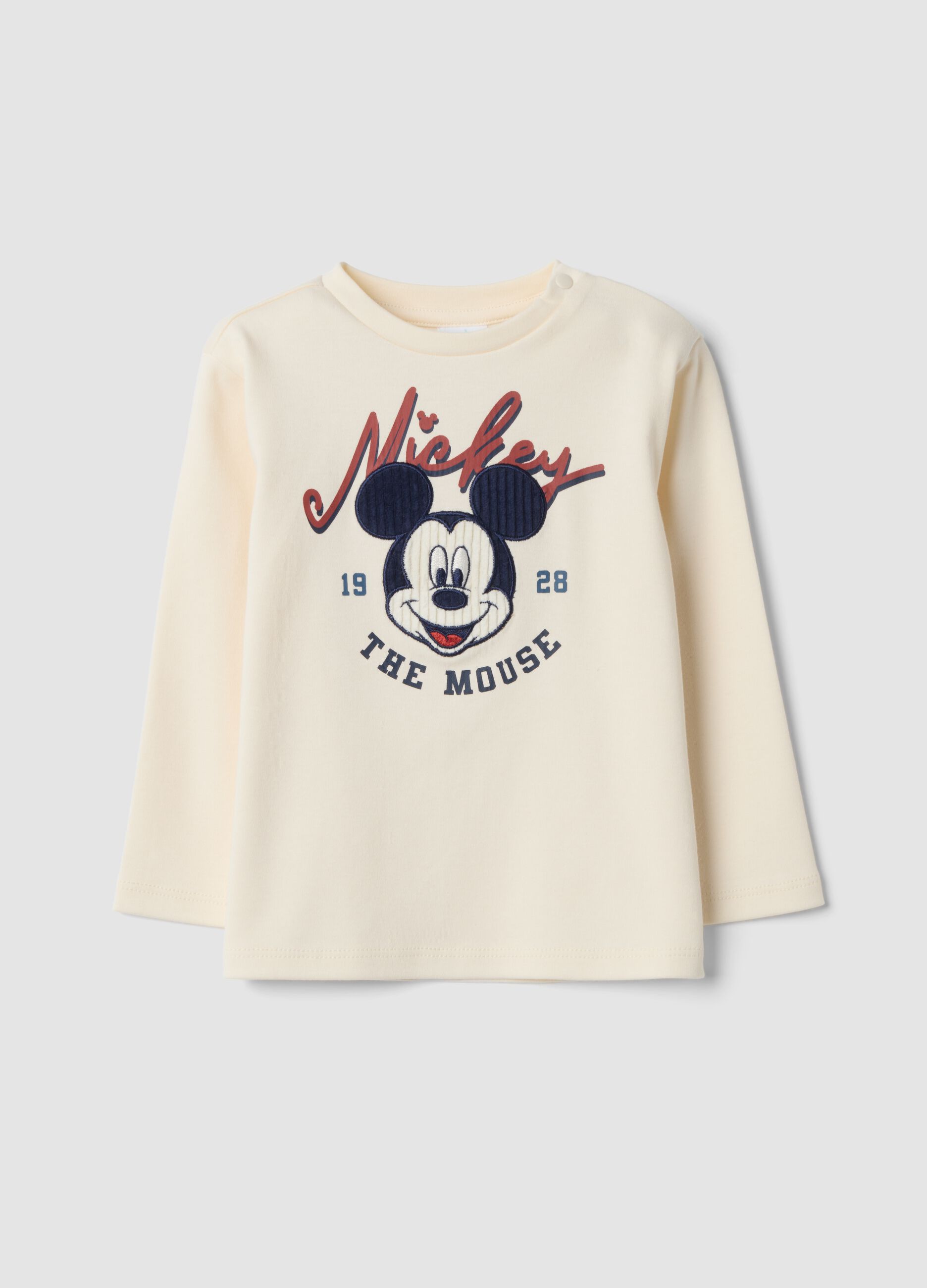 T-shirt beige girocollo in puro cotone organico con stampa Mickey