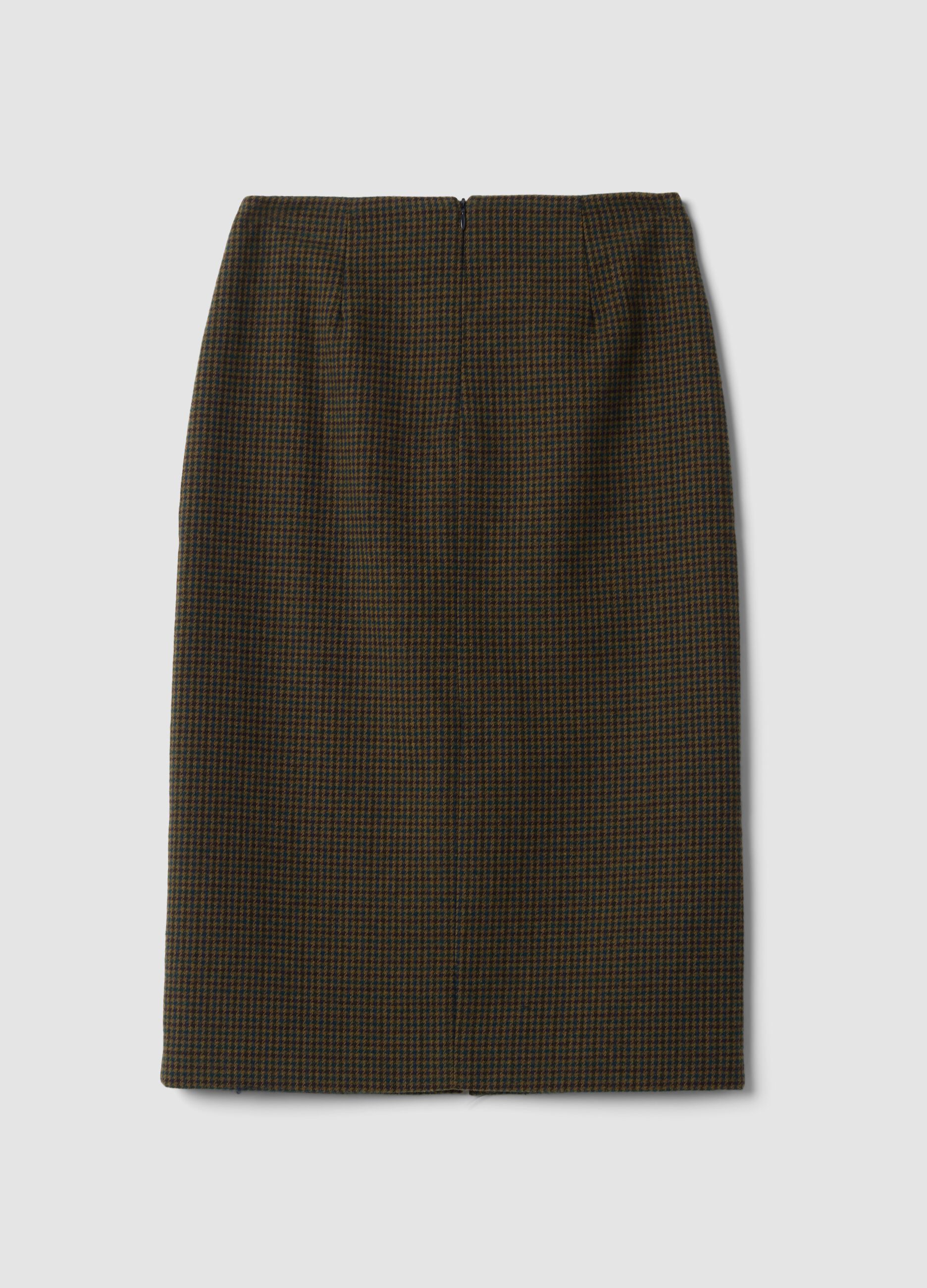 Brown and petrol blue wool-blend houndstooth skirt