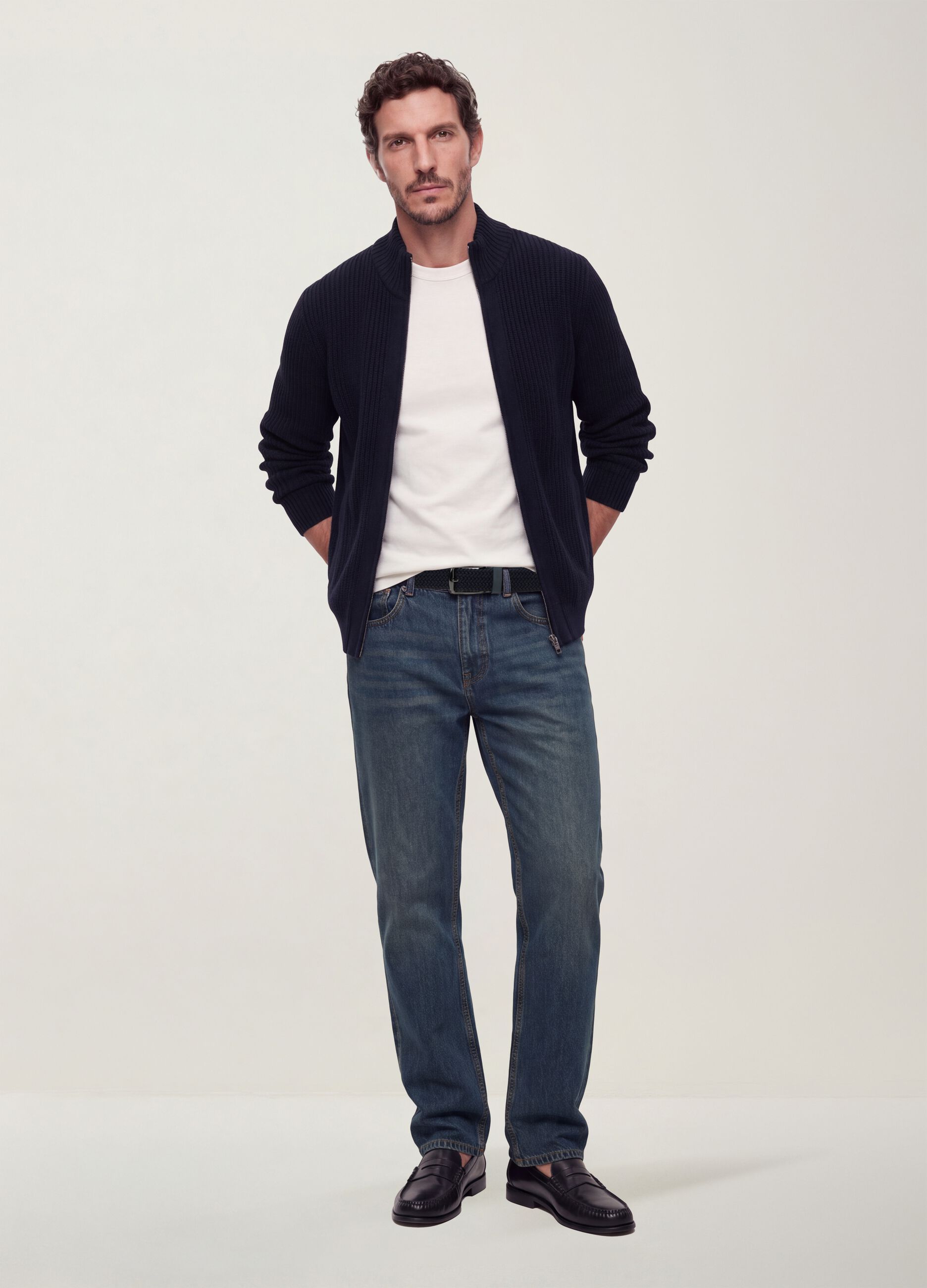 Navy rib-knit zip cardigan with collar, regular fit