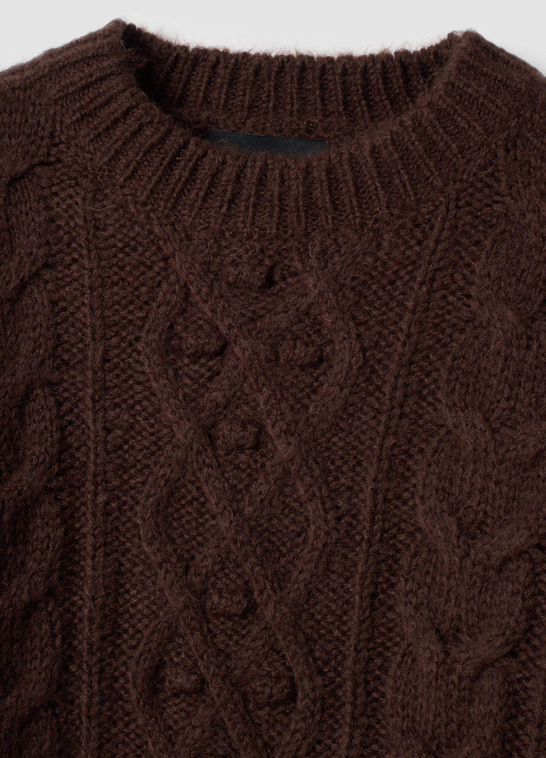 Brown crew-neck cable-knit wool-blend jumper, regular fit