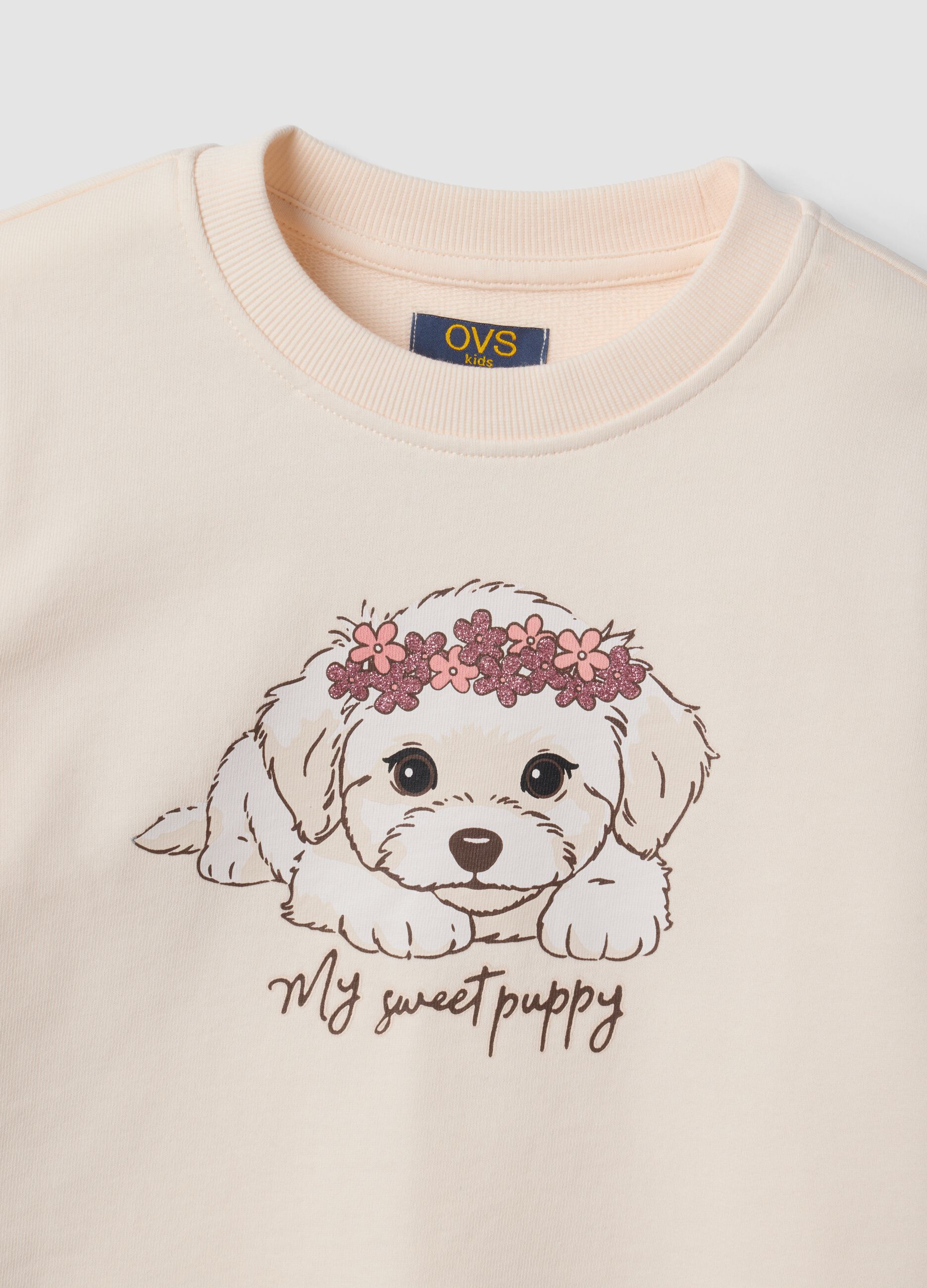 Beige pure cotton sweatshirt with crew neck and puppy print