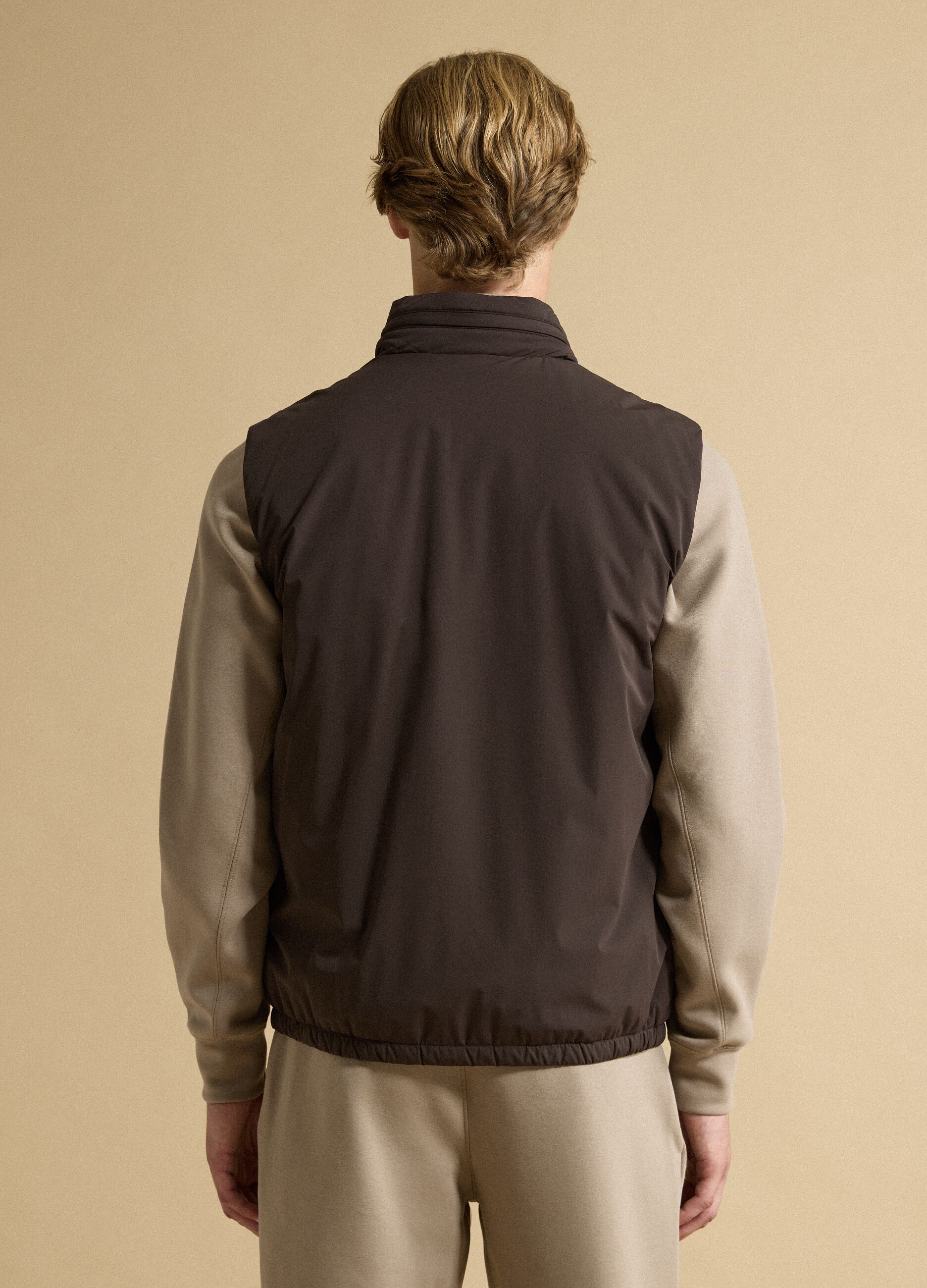Brown stretch-fabric gilet with zip