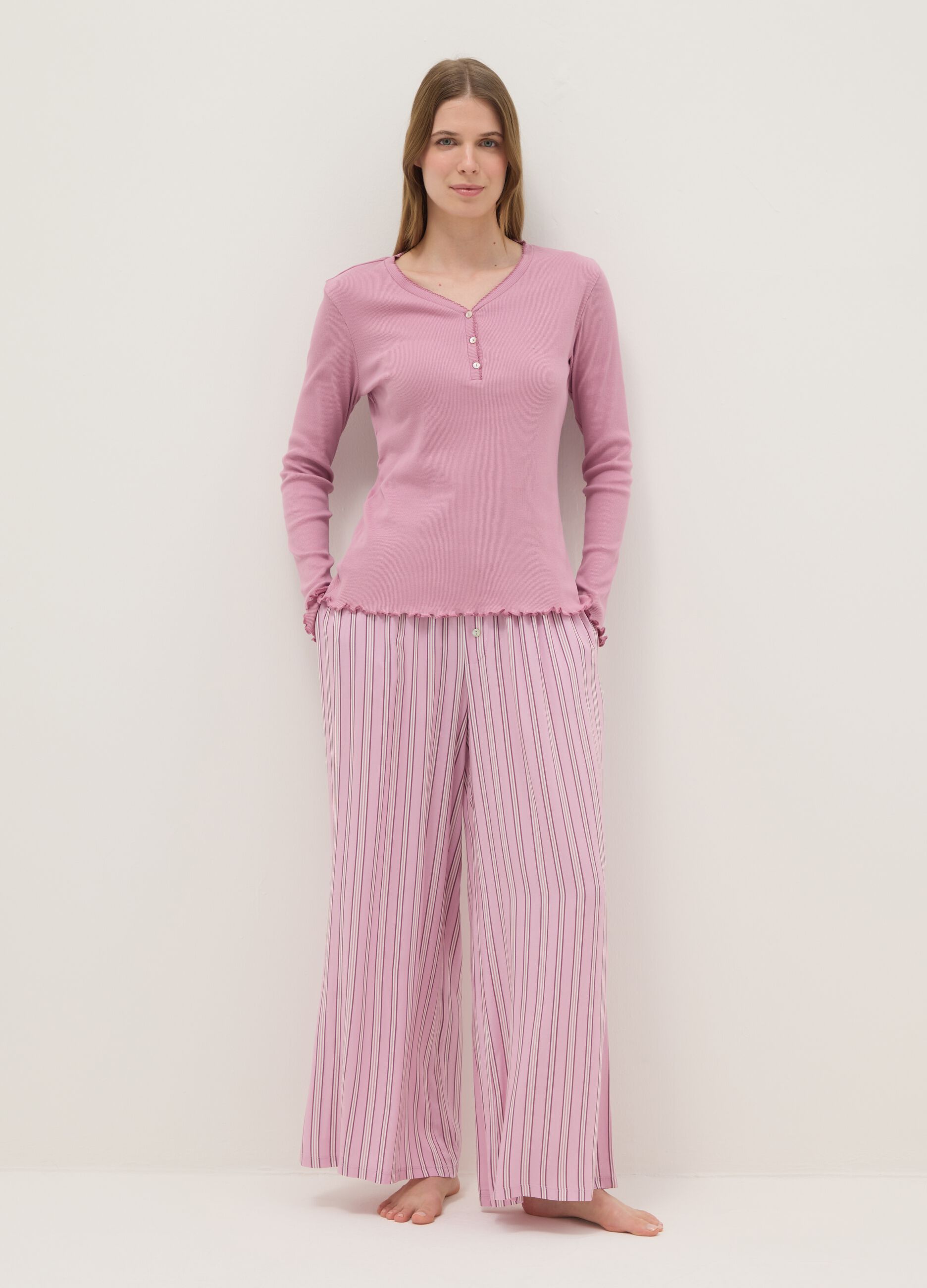 Regular fit pink striped pure viscose pyjama trousers