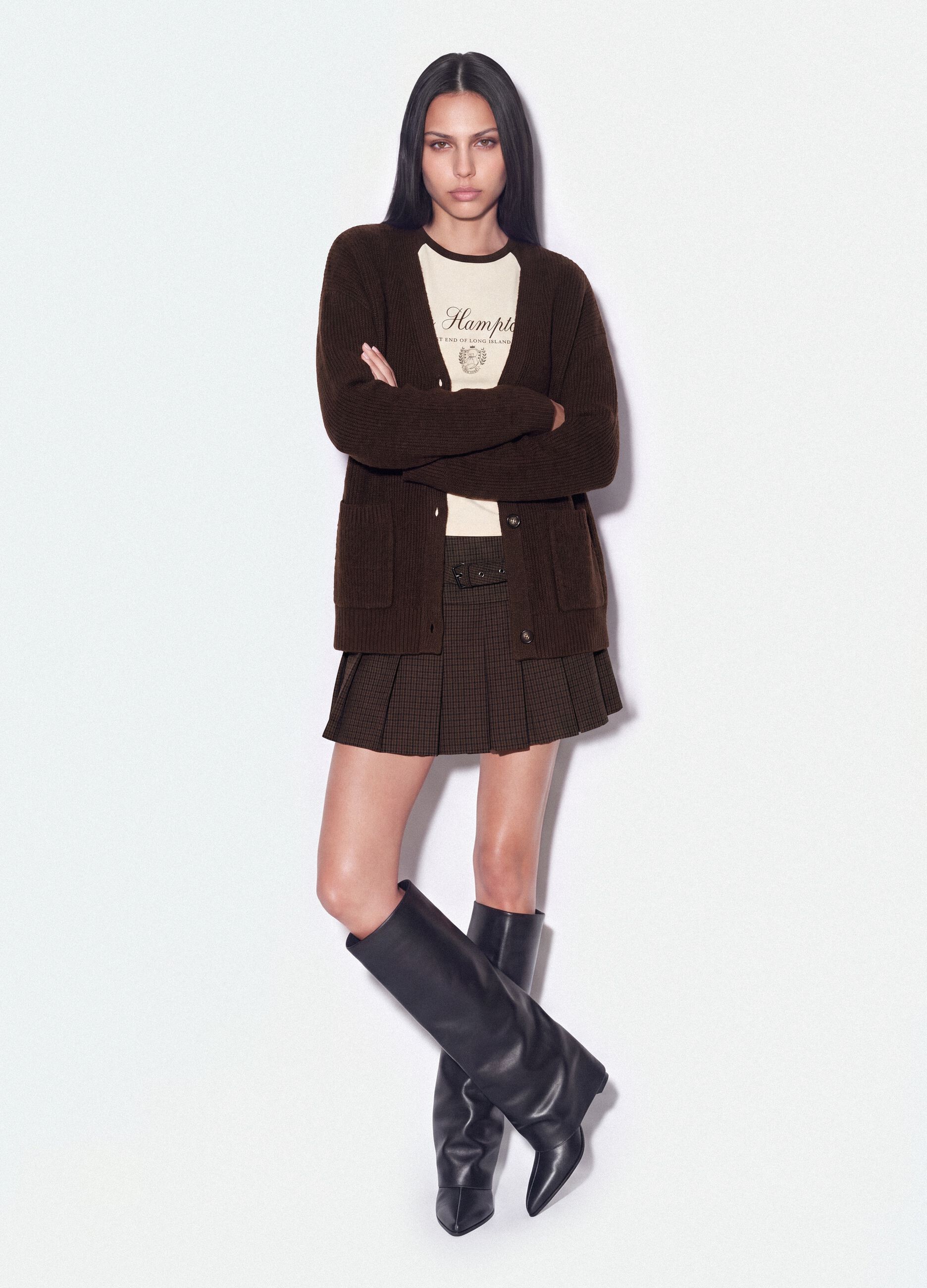 Brown stretch-fabric cardigan with deep V-neckline