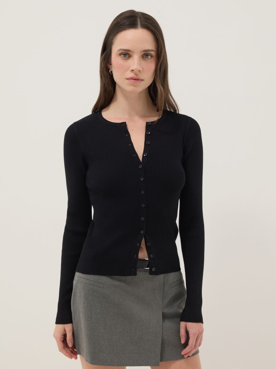 Black viscose blend cardigan with fitted silhouette_1