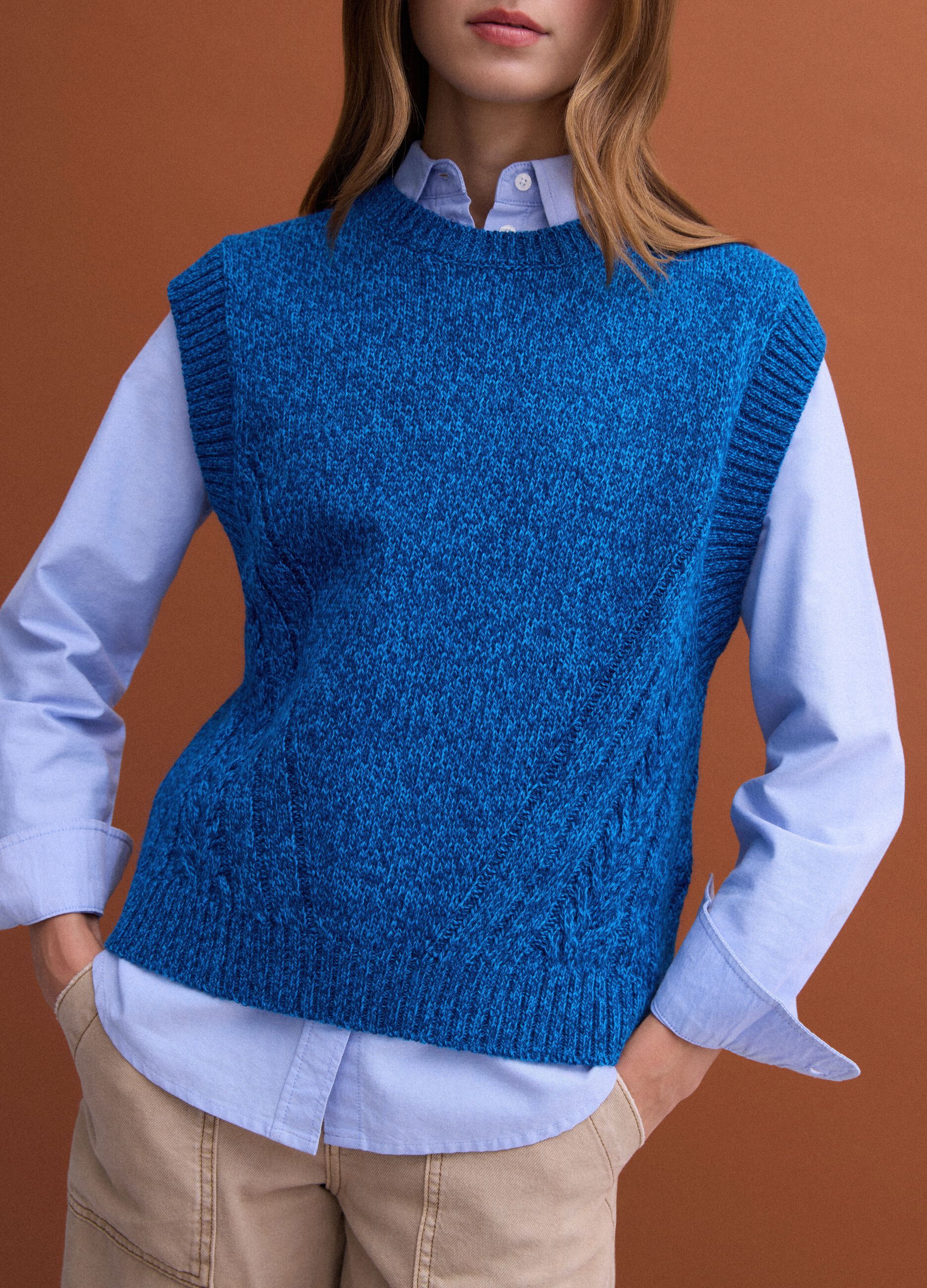 Blue wool-blend crew-neck vest with oversized fit