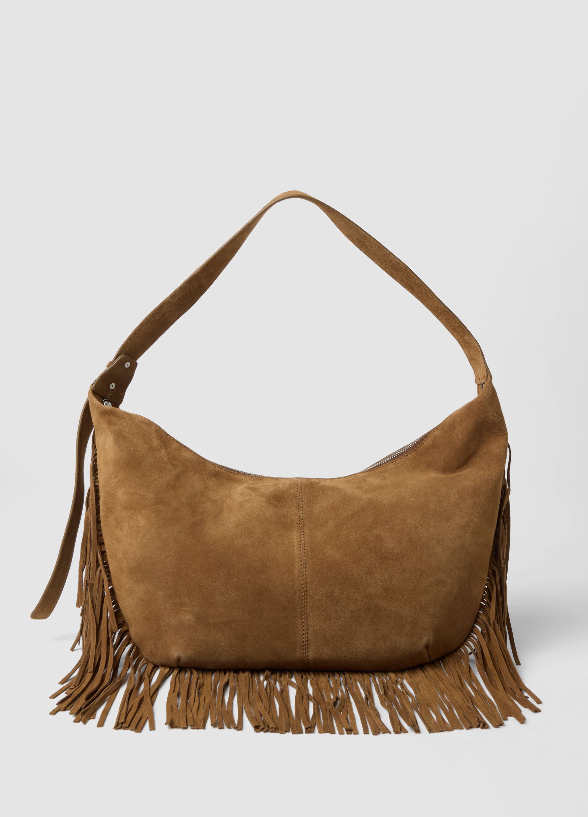 Brown genuine leather fringed bag