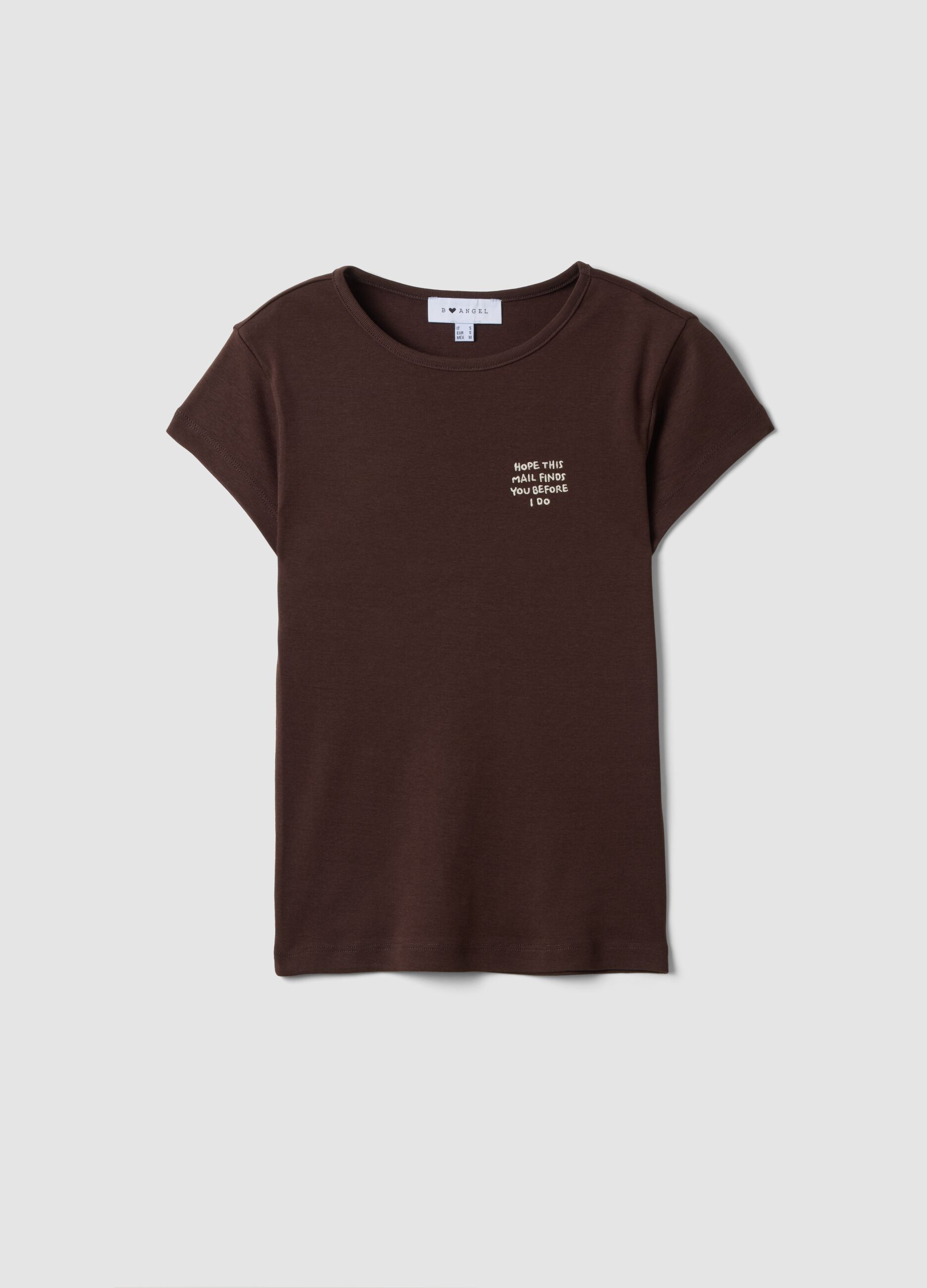 T-shirt marrone in puro cotone a girocollo con scritta