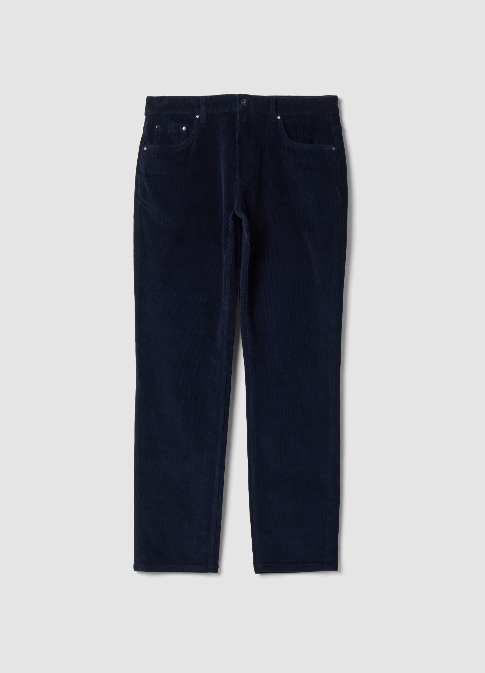 Pantaloni blu in cotone elasticizzato a coste regular fit