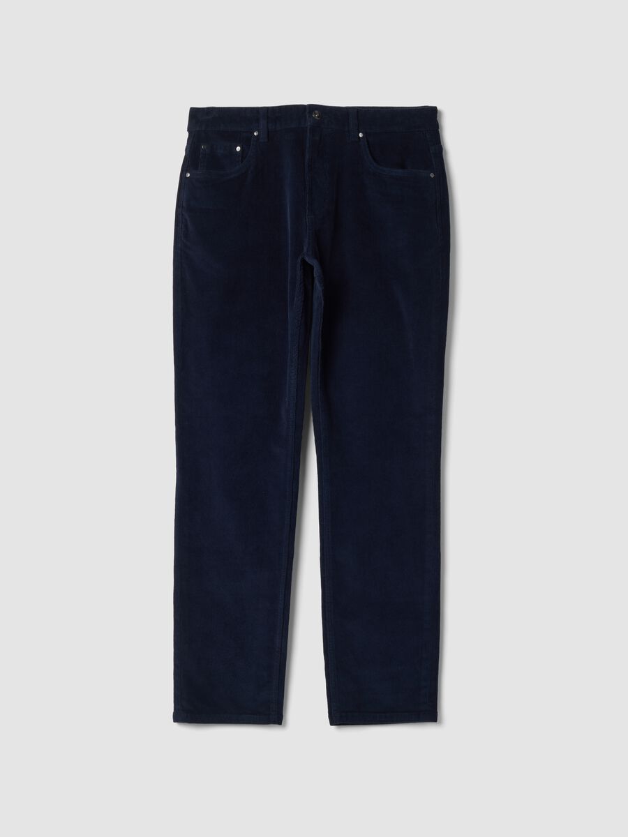 Pantaloni blu in cotone elasticizzato a coste regular fit_0
