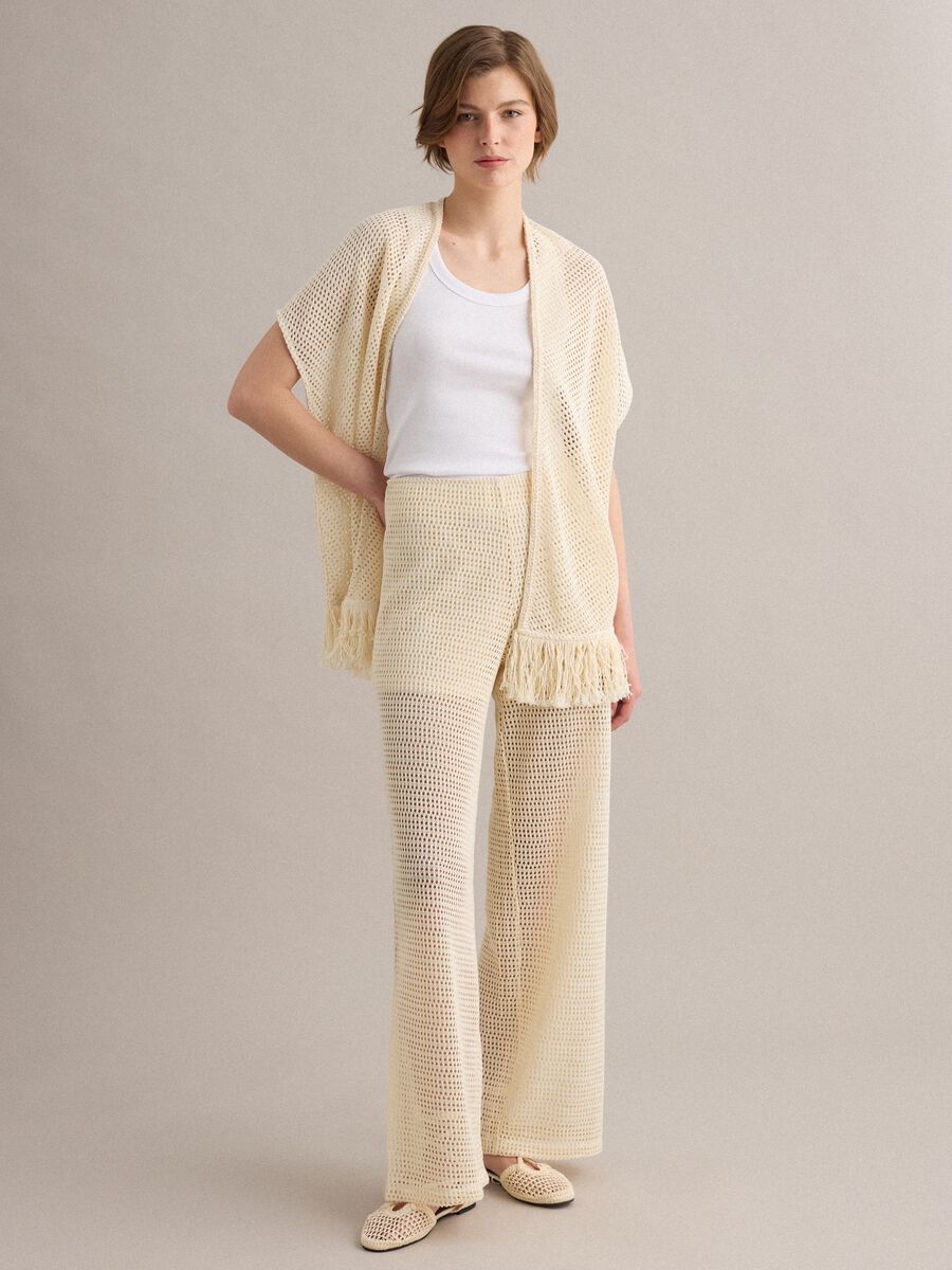 Beige viscose-blend crochet palazzo trousers, regular fit_0