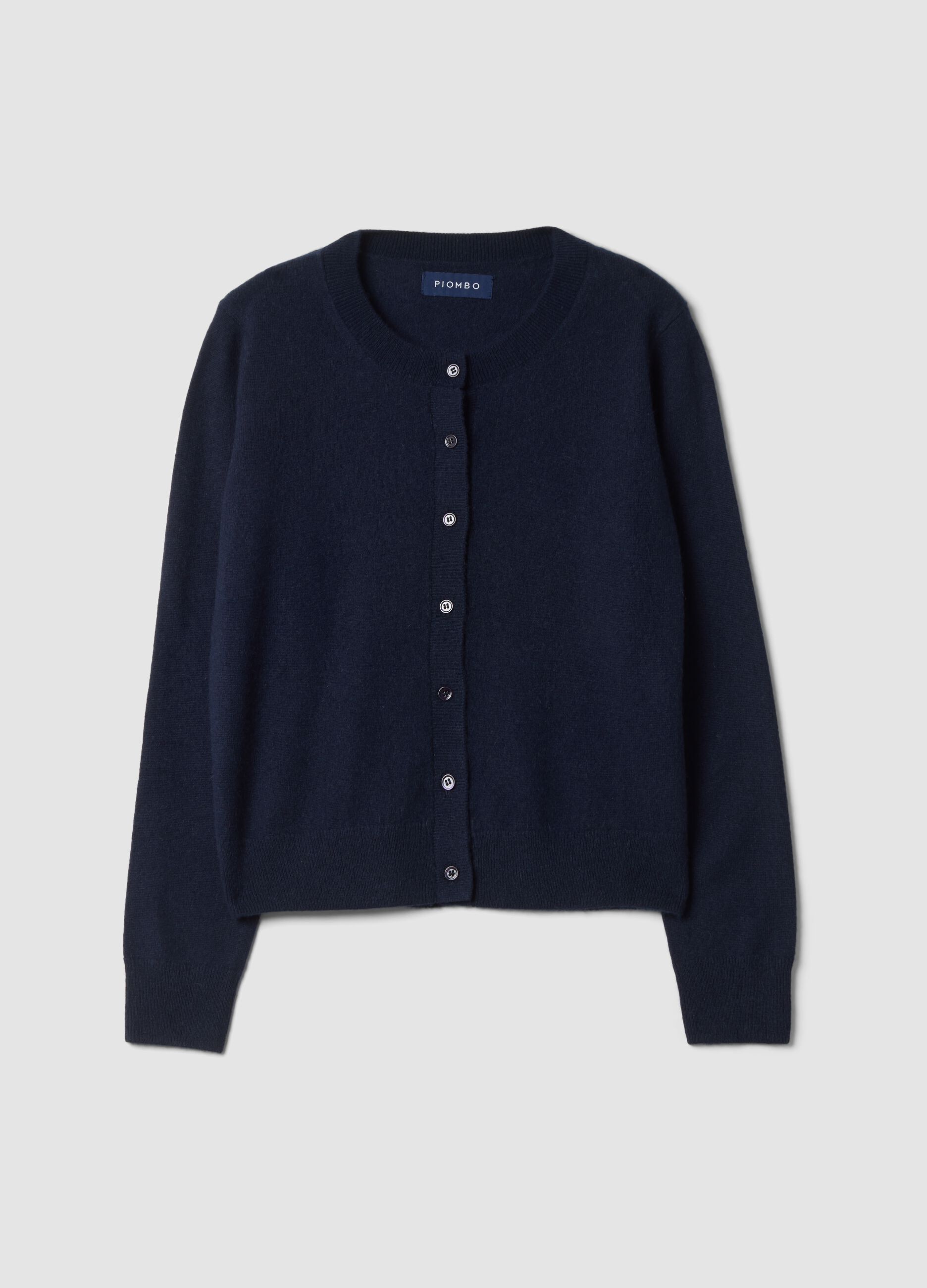 Blue crew-neck pure cashmere cardigan