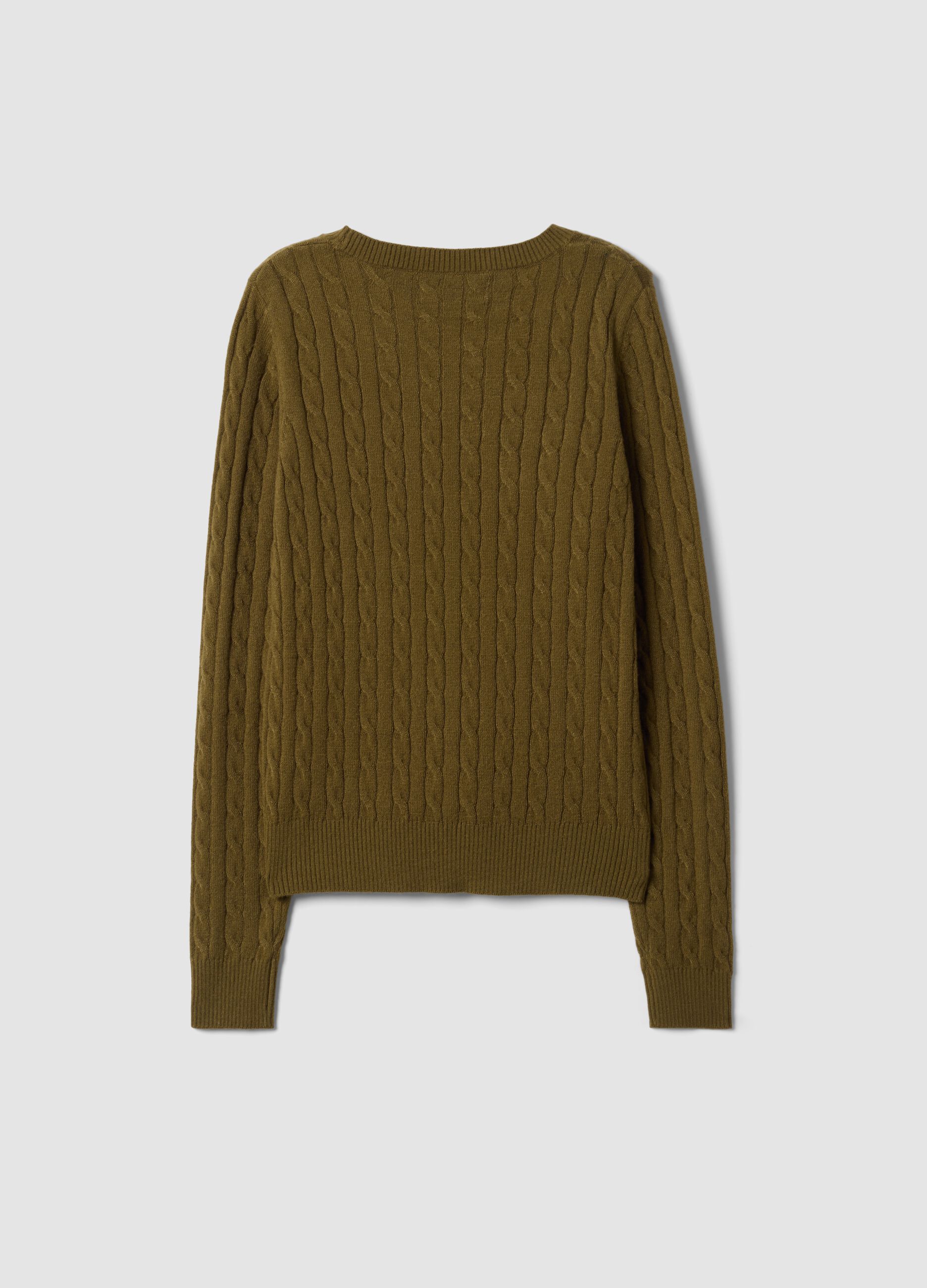 Olive green cable-knit crew neck jumper, regular fit