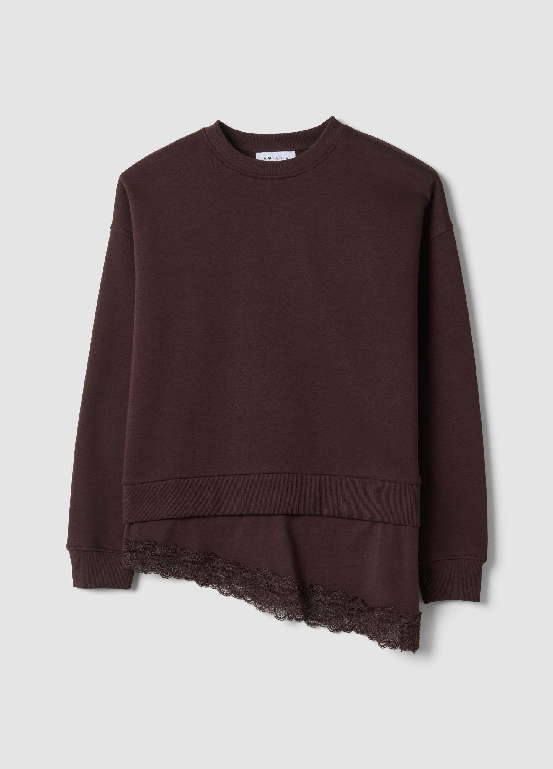 Brown cotton-blend sweatshirt with crew neck and lace detail
